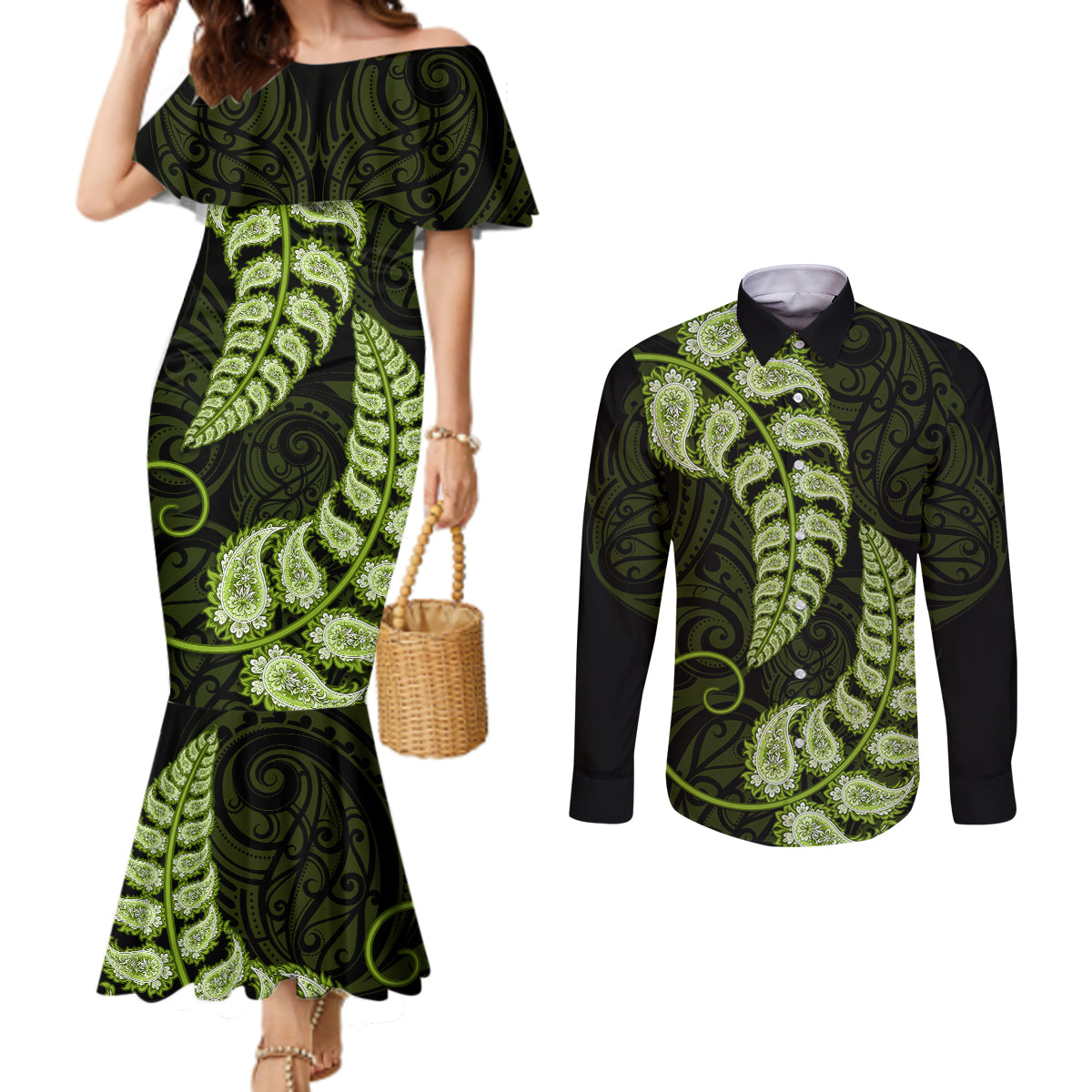 Green New Zealand Paisley Silver Fern Couples Matching Mermaid Dress and Long Sleeve Button Shirt Aotearoa Maori LT14 Green - Polynesian Pride