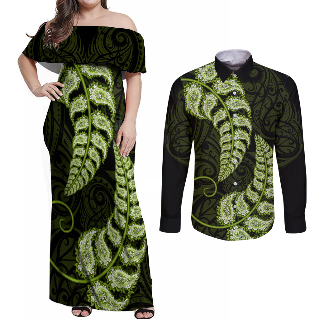 Green New Zealand Paisley Silver Fern Couples Matching Off Shoulder Maxi Dress and Long Sleeve Button Shirt Aotearoa Maori LT14 Green - Polynesian Pride