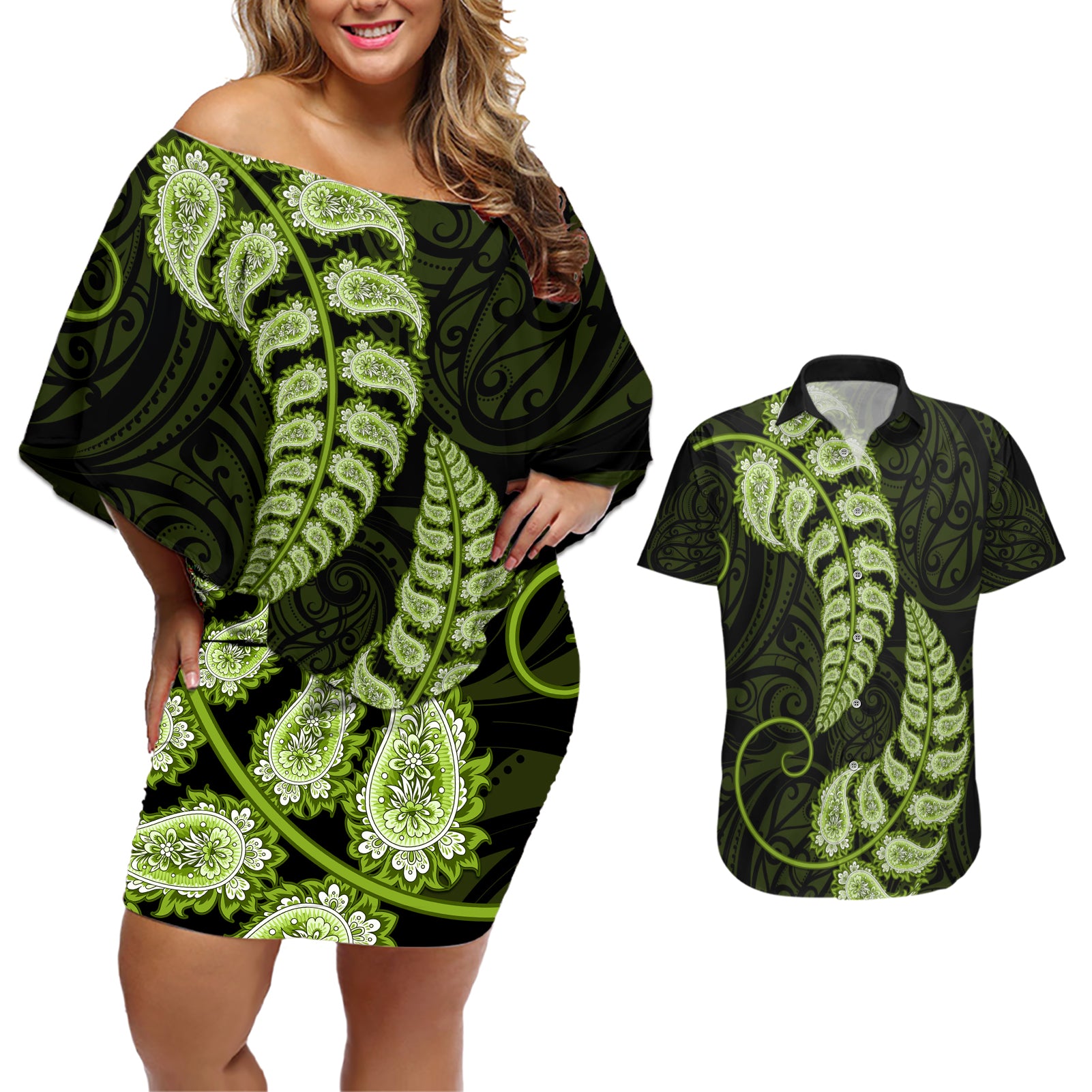 Green New Zealand Paisley Silver Fern Couples Matching Off Shoulder Short Dress and Hawaiian Shirt Aotearoa Maori LT14 Green - Polynesian Pride