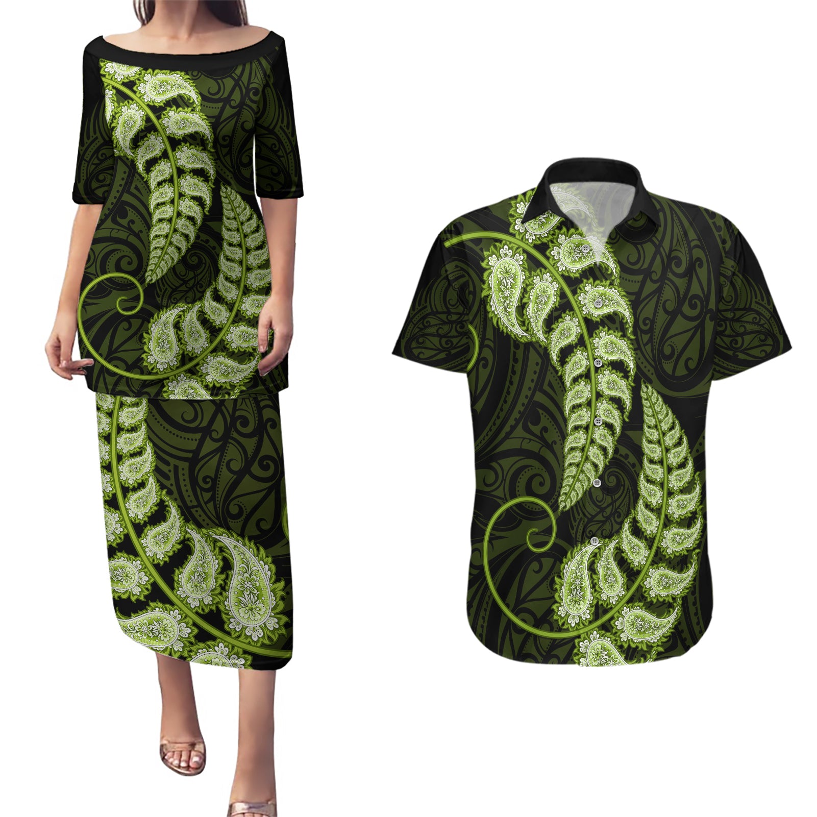 Green New Zealand Paisley Silver Fern Couples Matching Puletasi Dress and Hawaiian Shirt Aotearoa Maori LT14 Green - Polynesian Pride