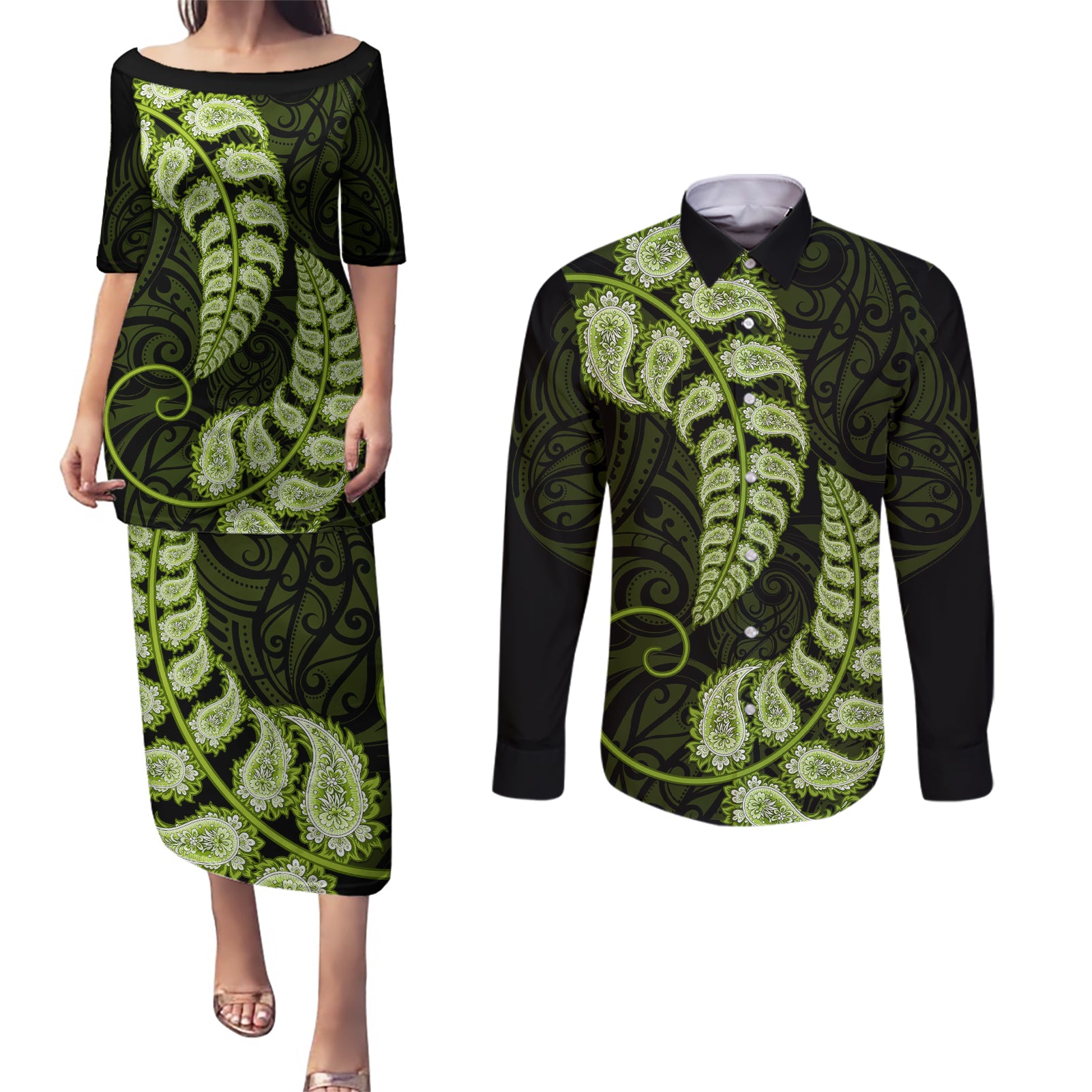 Green New Zealand Paisley Silver Fern Couples Matching Puletasi Dress and Long Sleeve Button Shirt Aotearoa Maori LT14 Green - Polynesian Pride