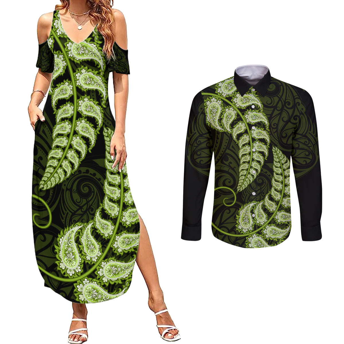 Green New Zealand Paisley Silver Fern Couples Matching Summer Maxi Dress and Long Sleeve Button Shirt Aotearoa Maori LT14 Green - Polynesian Pride