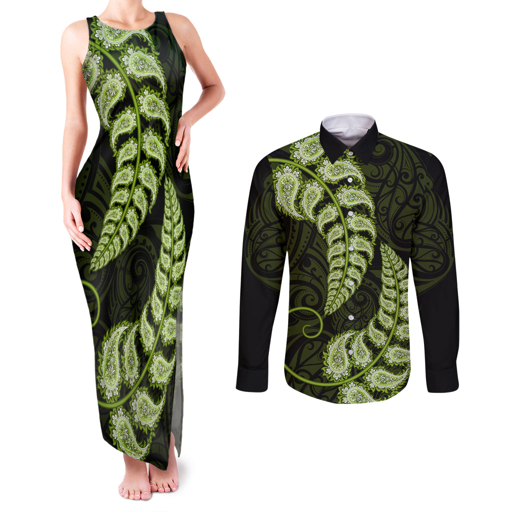 Green New Zealand Paisley Silver Fern Couples Matching Tank Maxi Dress and Long Sleeve Button Shirt Aotearoa Maori LT14 Green - Polynesian Pride