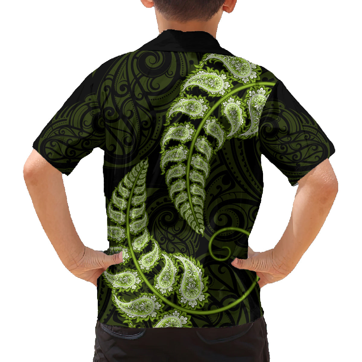 Green New Zealand Paisley Silver Fern Family Matching Long Sleeve Bodycon Dress and Hawaiian Shirt Aotearoa Maori LT14 - Polynesian Pride