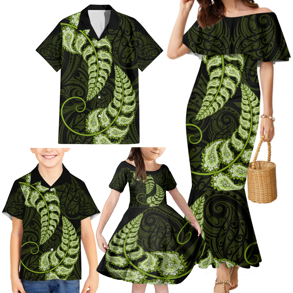 Green New Zealand Paisley Silver Fern Family Matching Mermaid Dress and Hawaiian Shirt Aotearoa Maori LT14 - Polynesian Pride