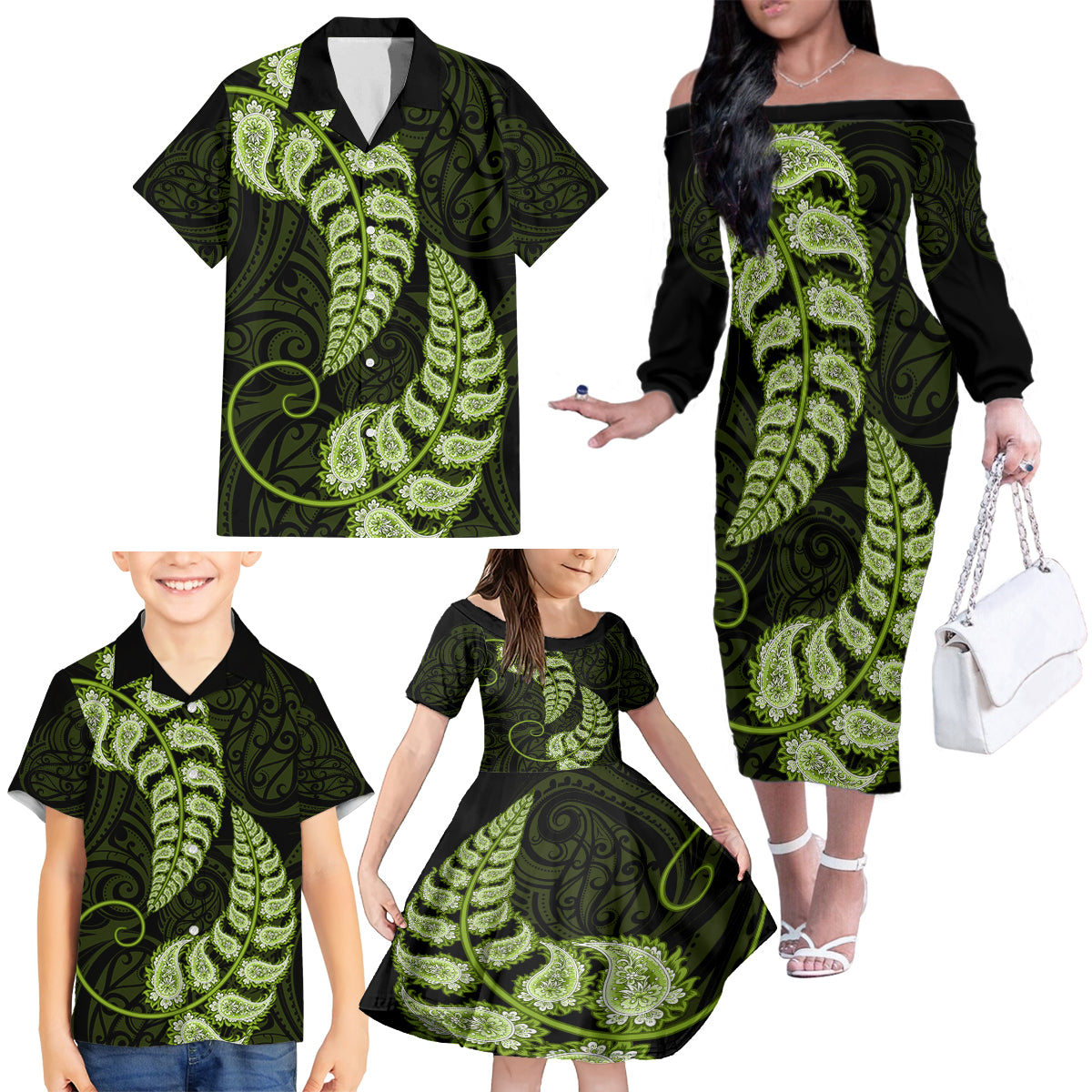 Green New Zealand Paisley Silver Fern Family Matching Off Shoulder Long Sleeve Dress and Hawaiian Shirt Aotearoa Maori LT14 - Polynesian Pride