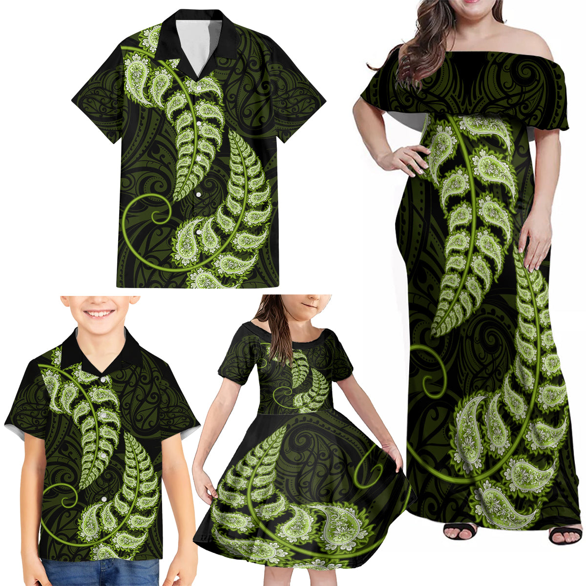 Green New Zealand Paisley Silver Fern Family Matching Off Shoulder Maxi Dress and Hawaiian Shirt Aotearoa Maori LT14 - Polynesian Pride