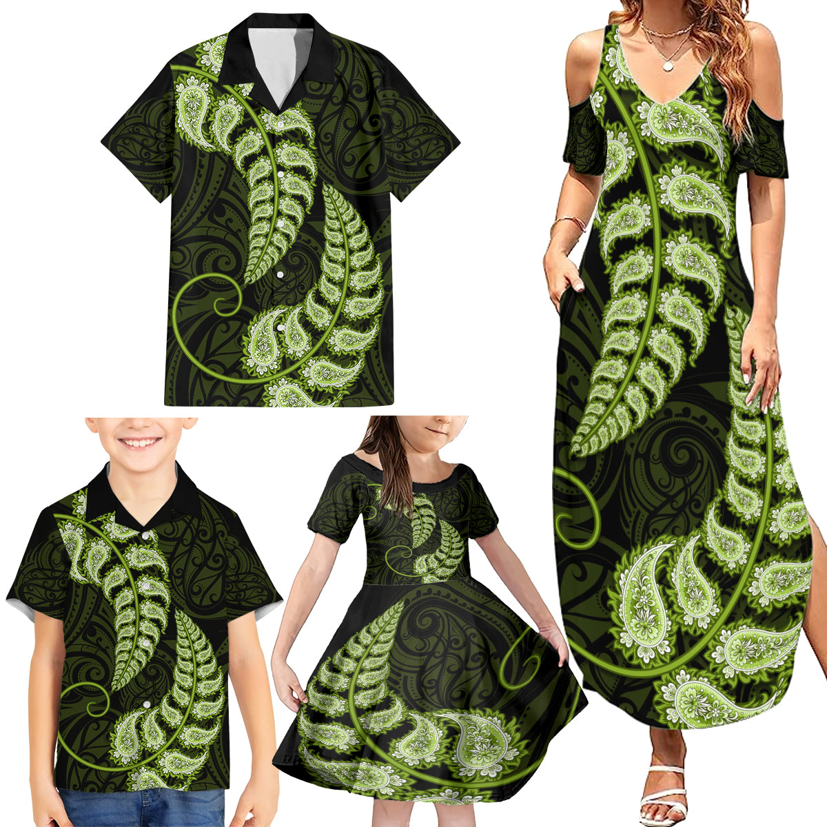 Green New Zealand Paisley Silver Fern Family Matching Summer Maxi Dress and Hawaiian Shirt Aotearoa Maori LT14 - Polynesian Pride