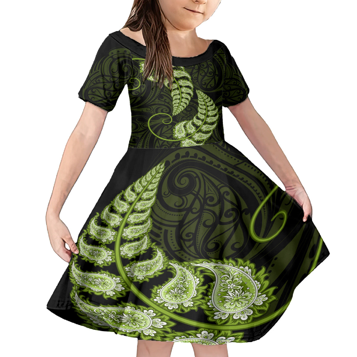 Green New Zealand Paisley Silver Fern Family Matching Tank Maxi Dress and Hawaiian Shirt Aotearoa Maori LT14 Daughter's Dress Green - Polynesian Pride