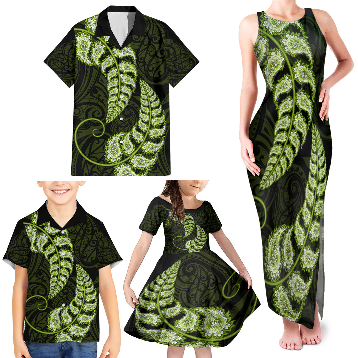 Green New Zealand Paisley Silver Fern Family Matching Tank Maxi Dress and Hawaiian Shirt Aotearoa Maori LT14 - Polynesian Pride