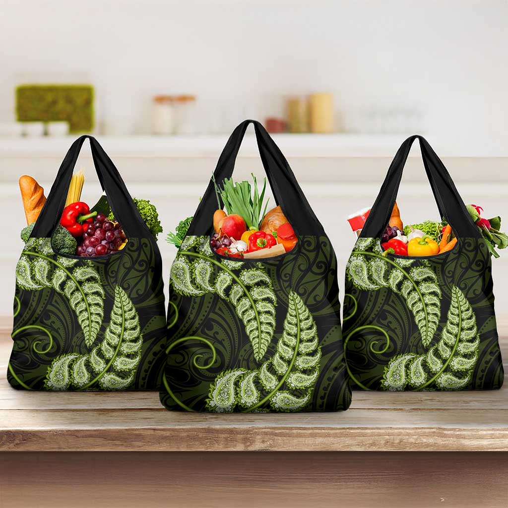 Green New Zealand Paisley Silver Fern Grocery Bag Aotearoa Maori LT14 3-pack One Size Green - Polynesian Pride