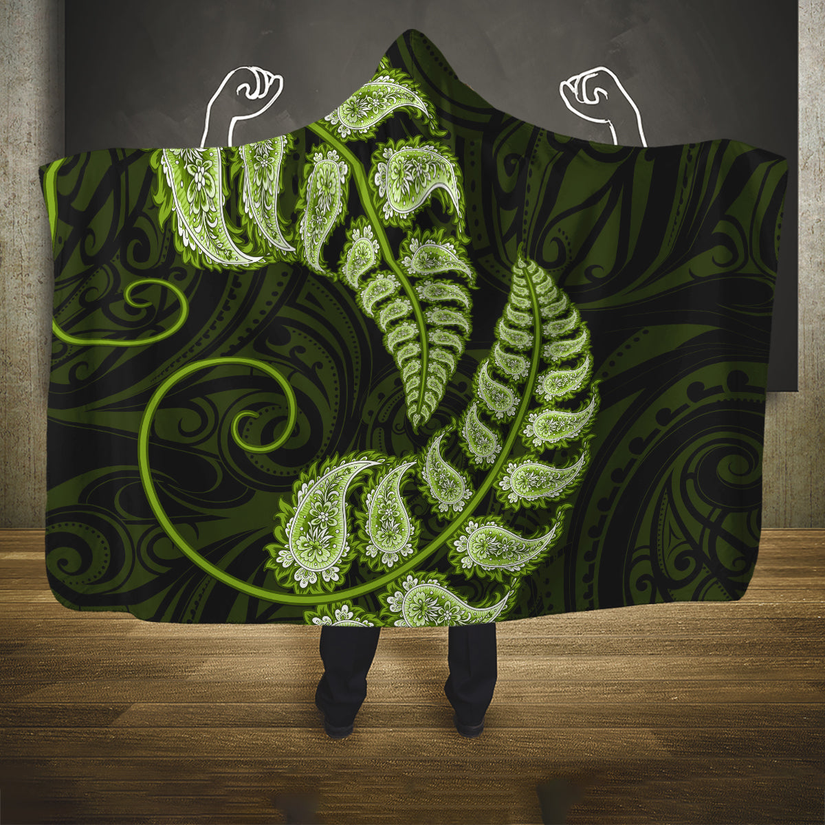 Green New Zealand Paisley Silver Fern Hooded Blanket Aotearoa Maori LT14 One Size Green - Polynesian Pride