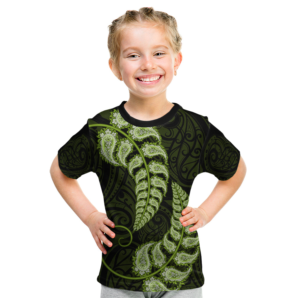 Green New Zealand Paisley Silver Fern Kid T Shirt Aotearoa Maori LT14 Green - Polynesian Pride