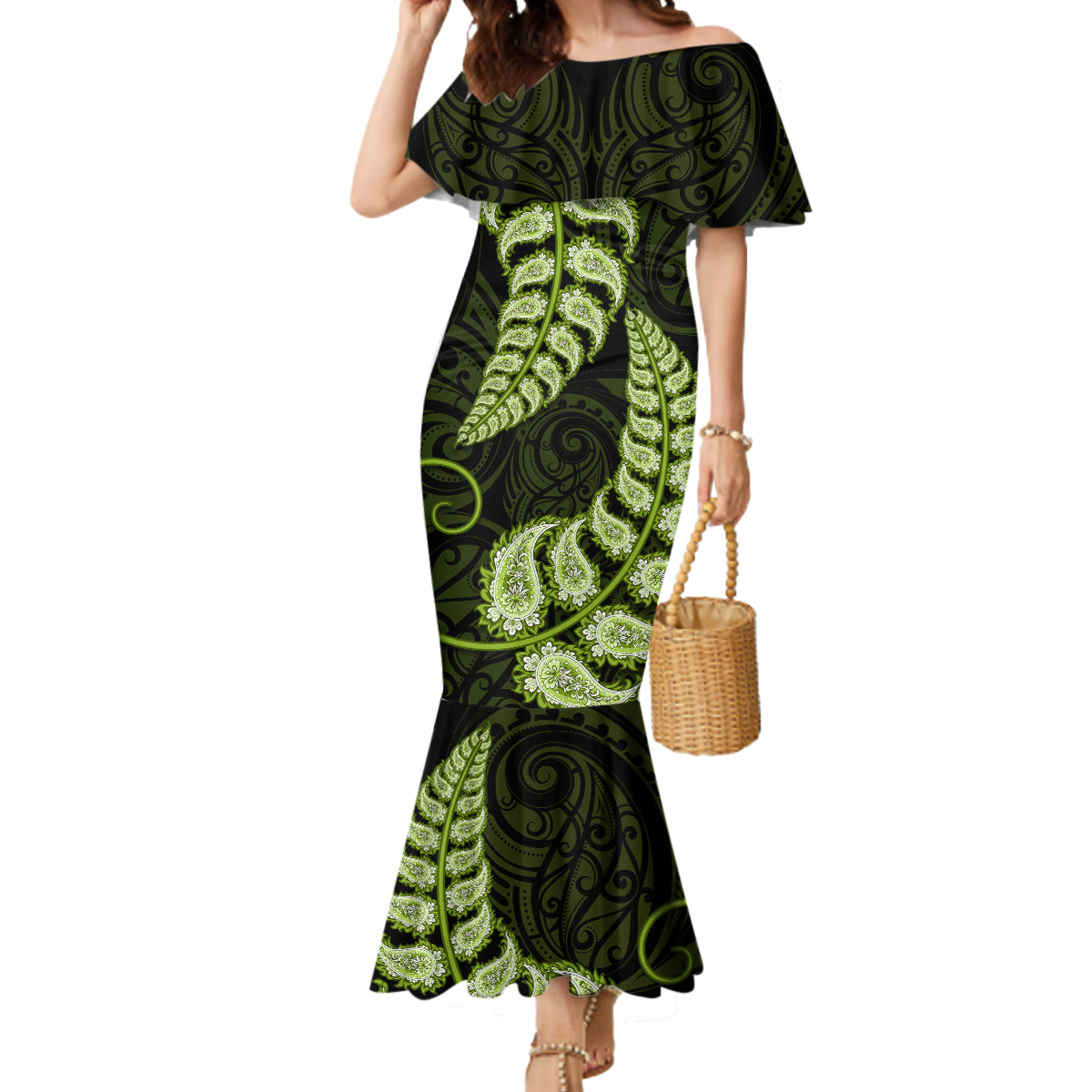 Green New Zealand Paisley Silver Fern Mermaid Dress Aotearoa Maori LT14 Women Green - Polynesian Pride