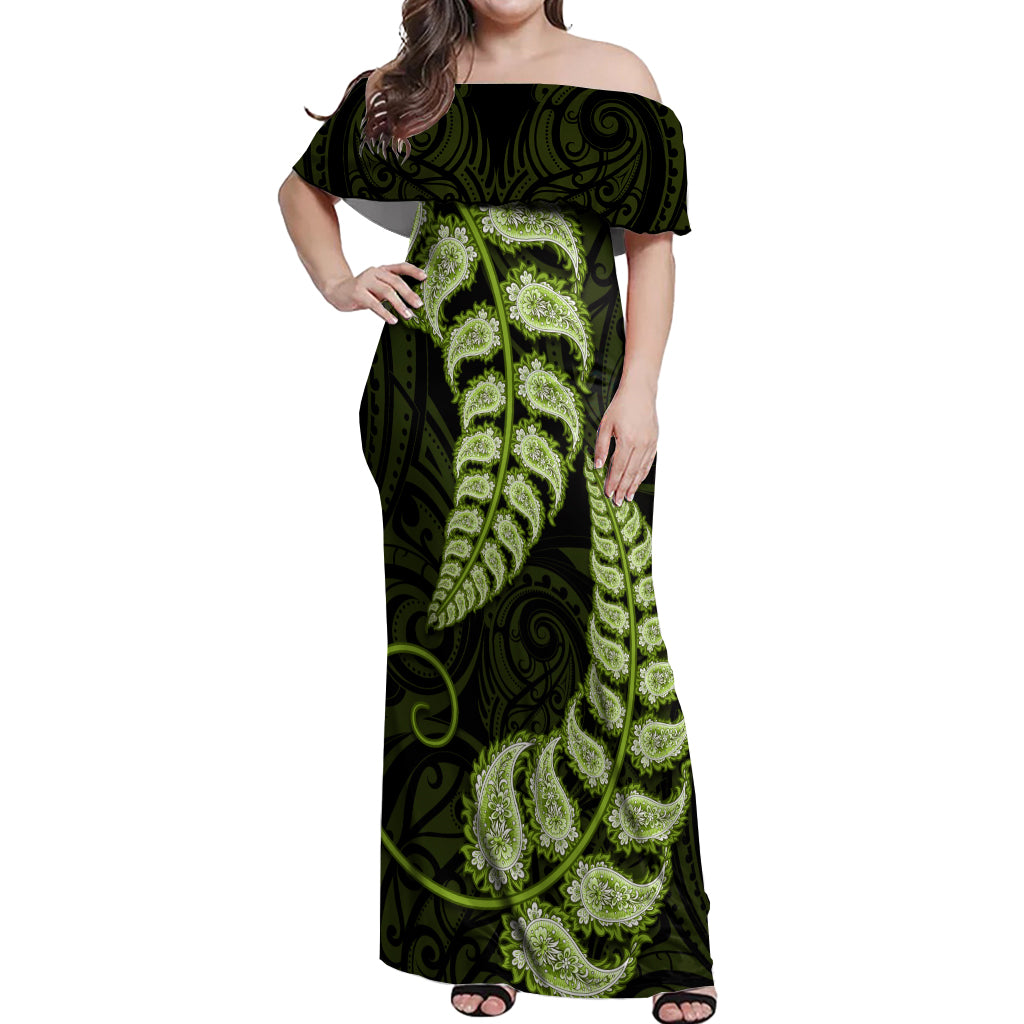 Green New Zealand Paisley Silver Fern Off Shoulder Maxi Dress Aotearoa Maori LT14 Women Green - Polynesian Pride