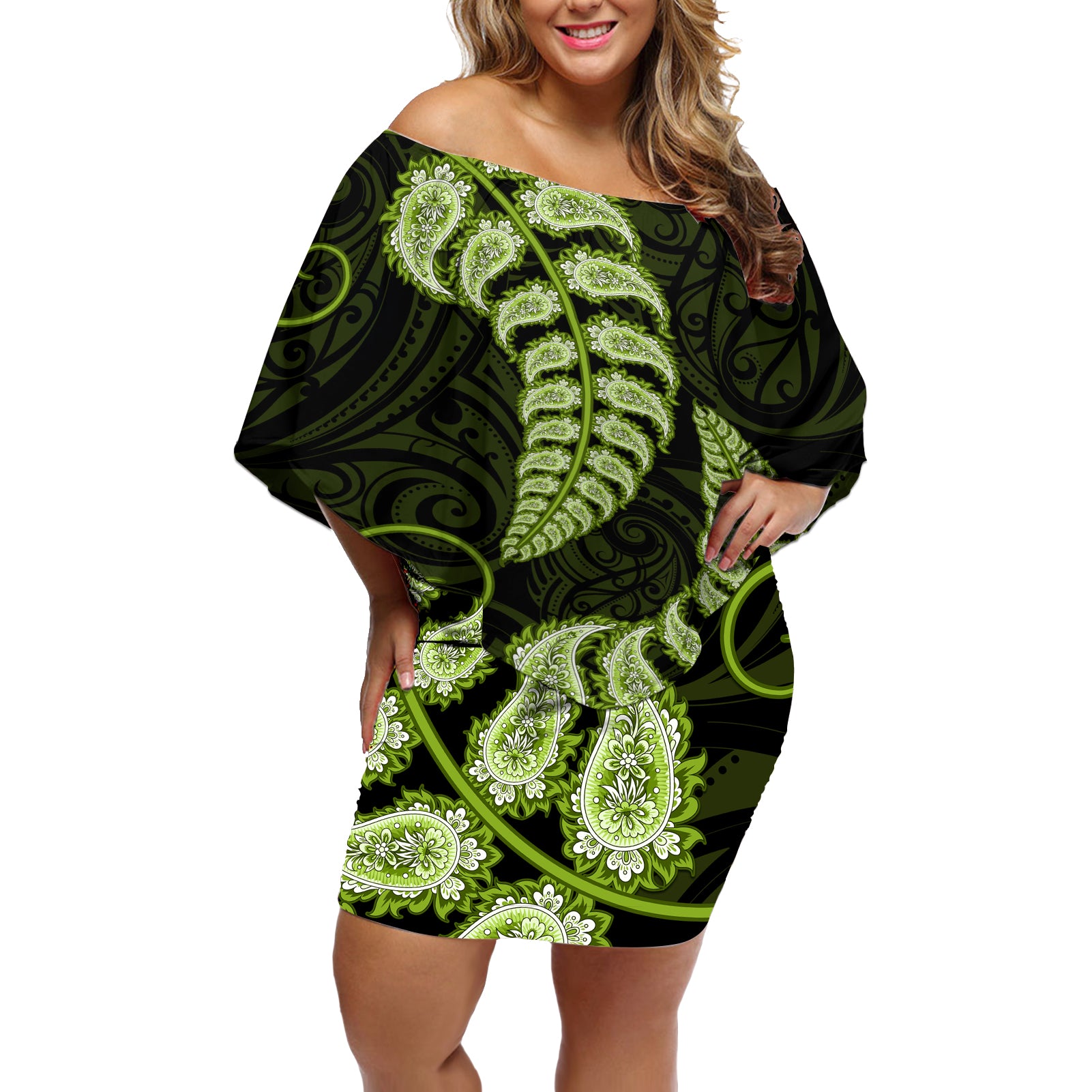 Green New Zealand Paisley Silver Fern Off Shoulder Short Dress Aotearoa Maori LT14 Women Green - Polynesian Pride