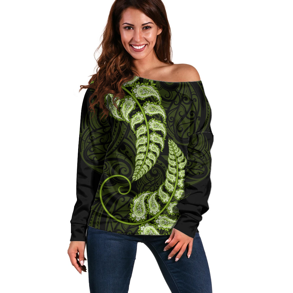 Green New Zealand Paisley Silver Fern Off Shoulder Sweater Aotearoa Maori LT14 Women Green - Polynesian Pride