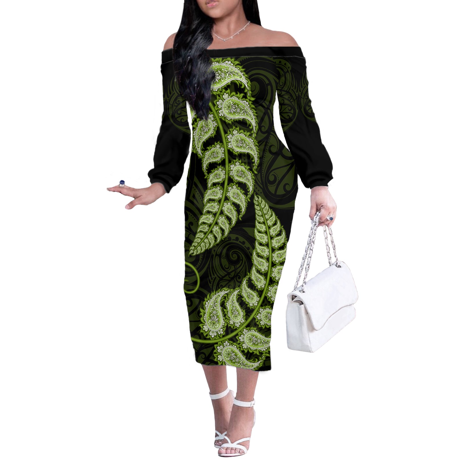 Green New Zealand Paisley Silver Fern Off The Shoulder Long Sleeve Dress Aotearoa Maori LT14 Women Green - Polynesian Pride