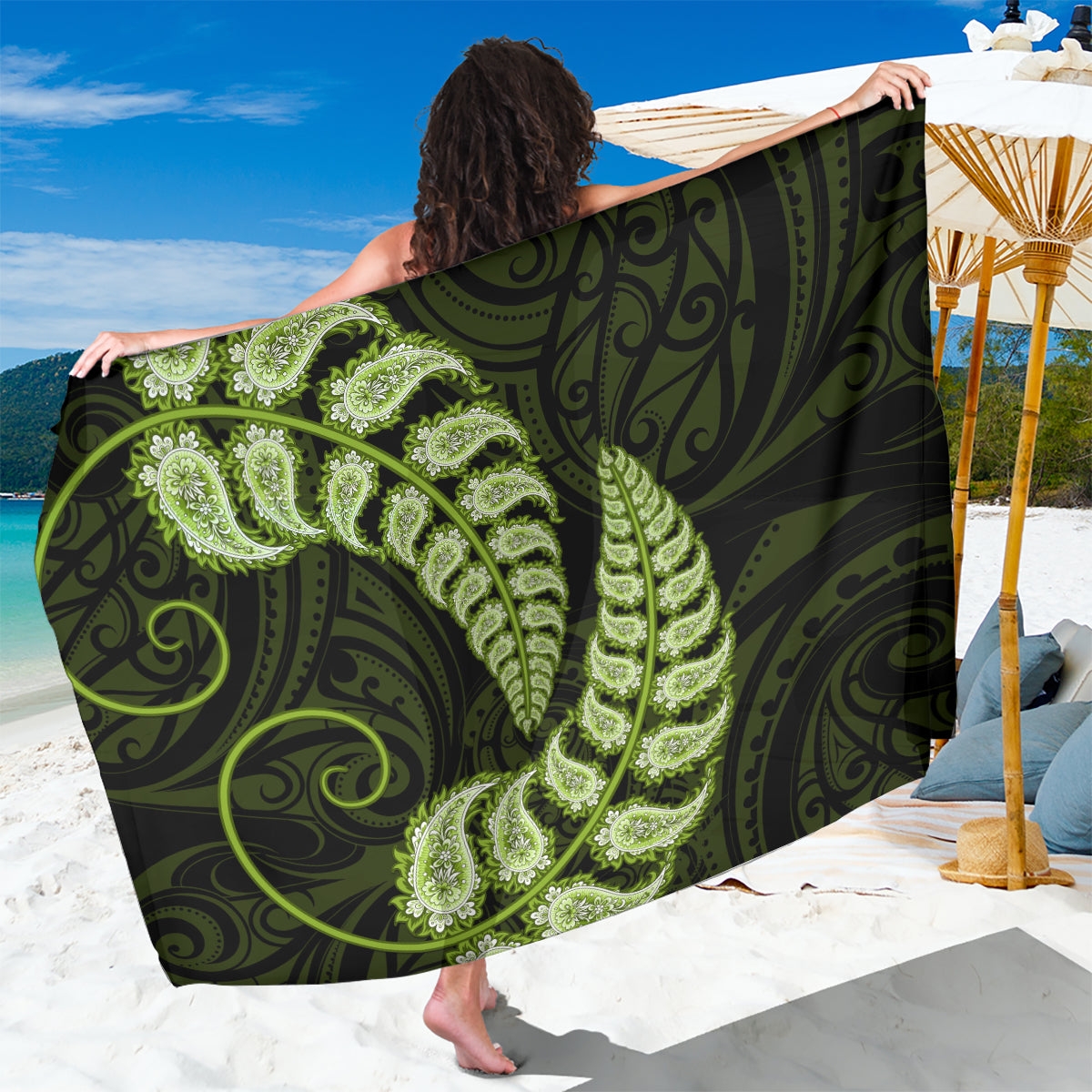 Green New Zealand Paisley Silver Fern Sarong Aotearoa Maori LT14 One Size 44 x 66 inches Green - Polynesian Pride