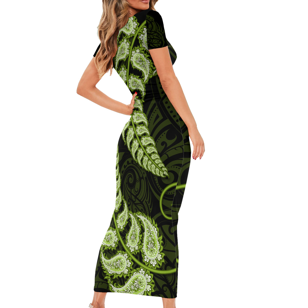 Green New Zealand Paisley Silver Fern Short Sleeve Bodycon Dress Aotearoa Maori LT14 - Polynesian Pride
