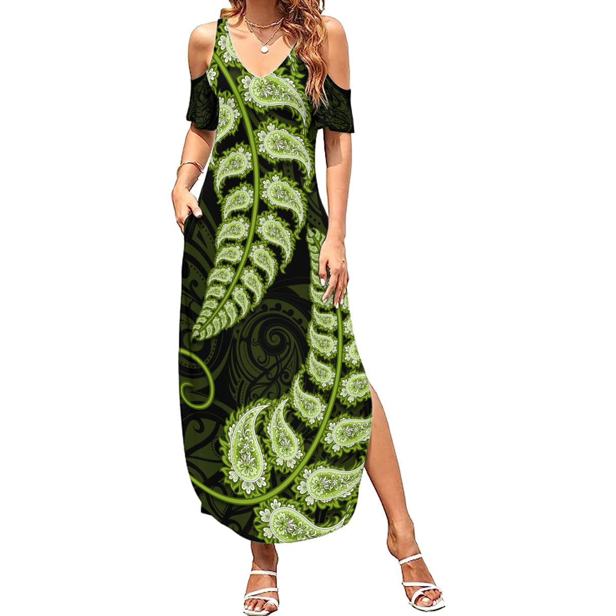 Green New Zealand Paisley Silver Fern Summer Maxi Dress Aotearoa Maori LT14 Women Green - Polynesian Pride