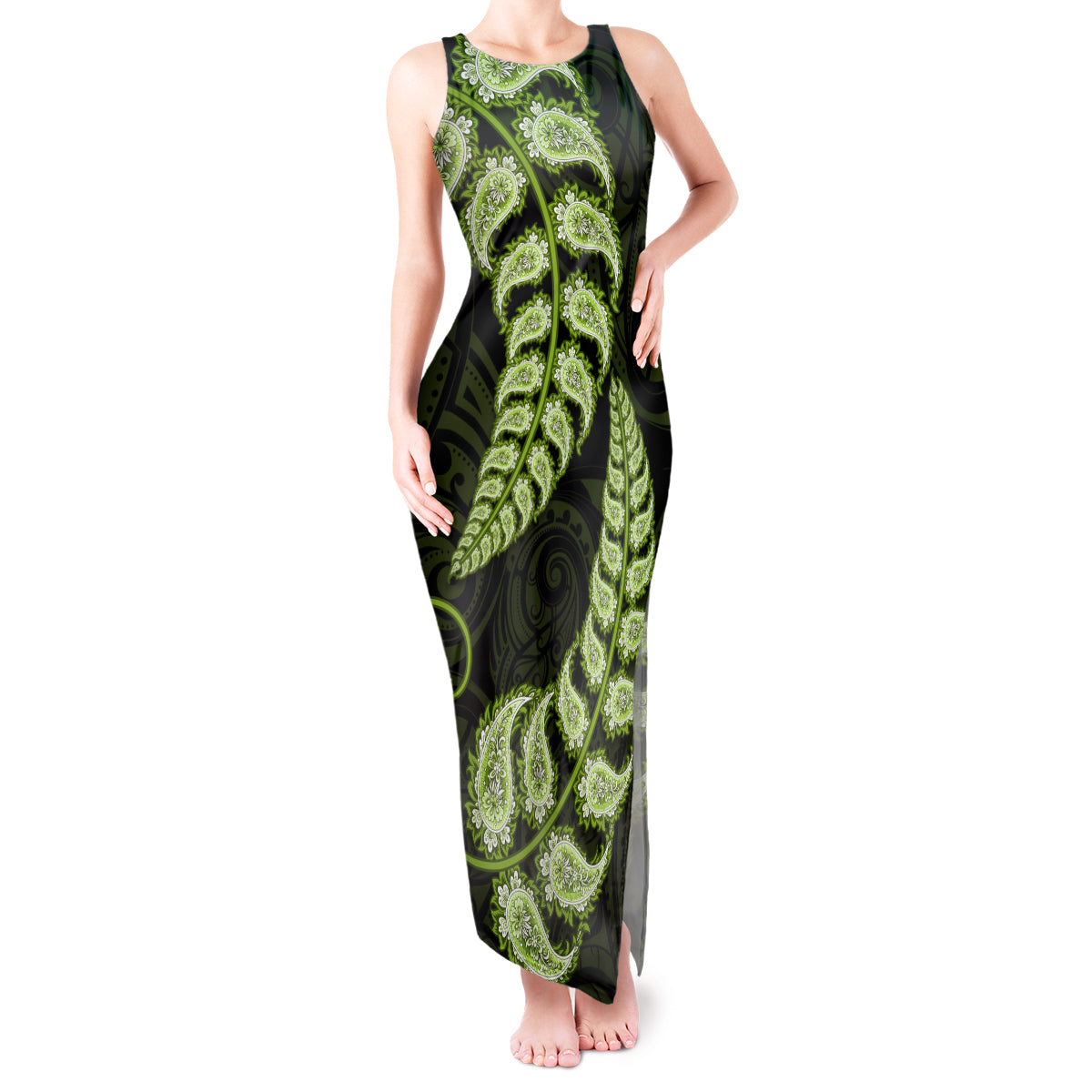 Green New Zealand Paisley Silver Fern Tank Maxi Dress Aotearoa Maori LT14 Women Green - Polynesian Pride