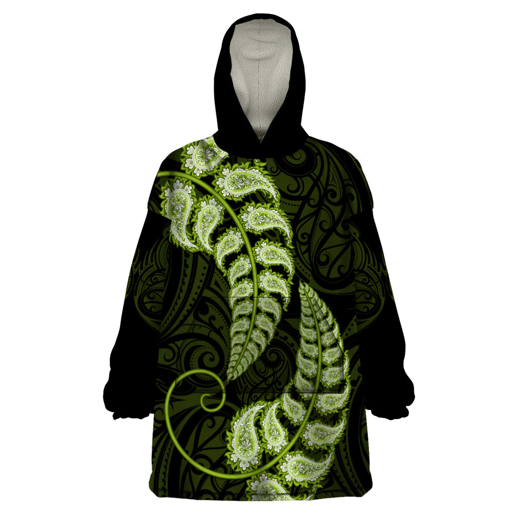 Green New Zealand Paisley Silver Fern Wearable Blanket Hoodie Aotearoa Maori LT14 One Size Green - Polynesian Pride