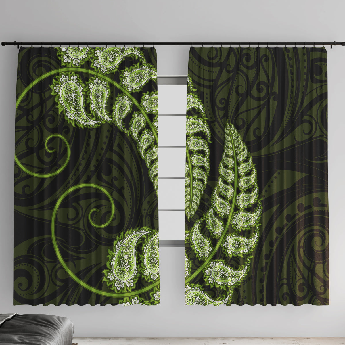 Green New Zealand Paisley Silver Fern Window Curtain Aotearoa Maori LT14 With Hooks Green - Polynesian Pride