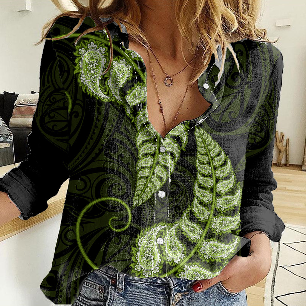 Green New Zealand Paisley Silver Fern Women Casual Shirt Aotearoa Maori LT14 Female Green - Polynesian Pride