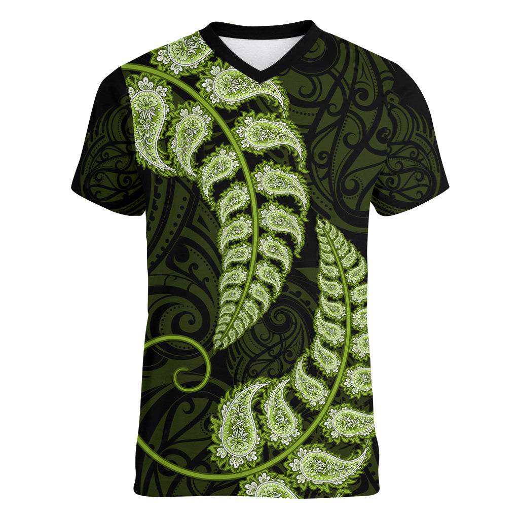 Green New Zealand Paisley Silver Fern Women V Neck T Shirt Aotearoa Maori LT14 Female Green - Polynesian Pride