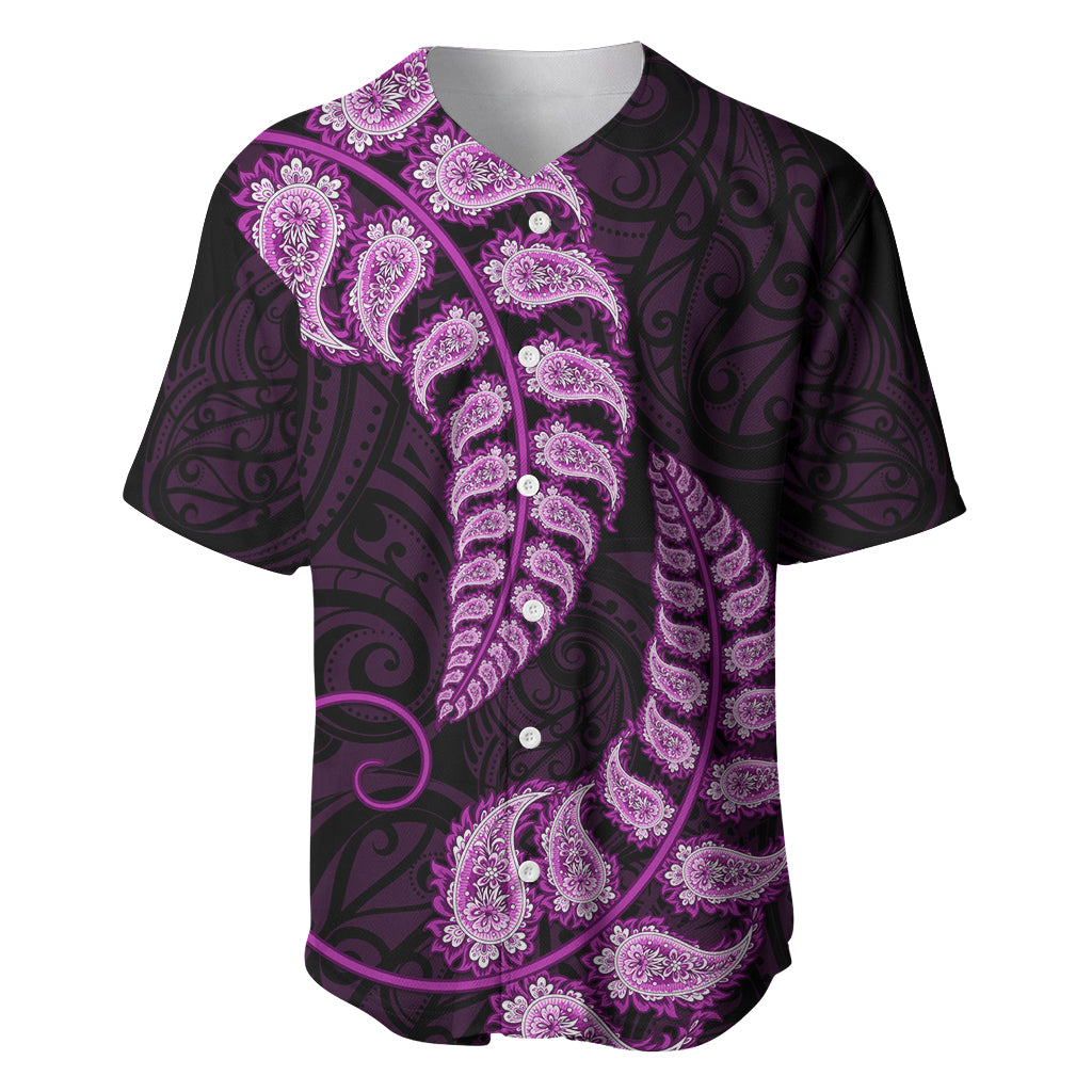 Purple New Zealand Paisley Silver Fern Baseball Jersey Aotearoa Maori LT14 Purple - Polynesian Pride