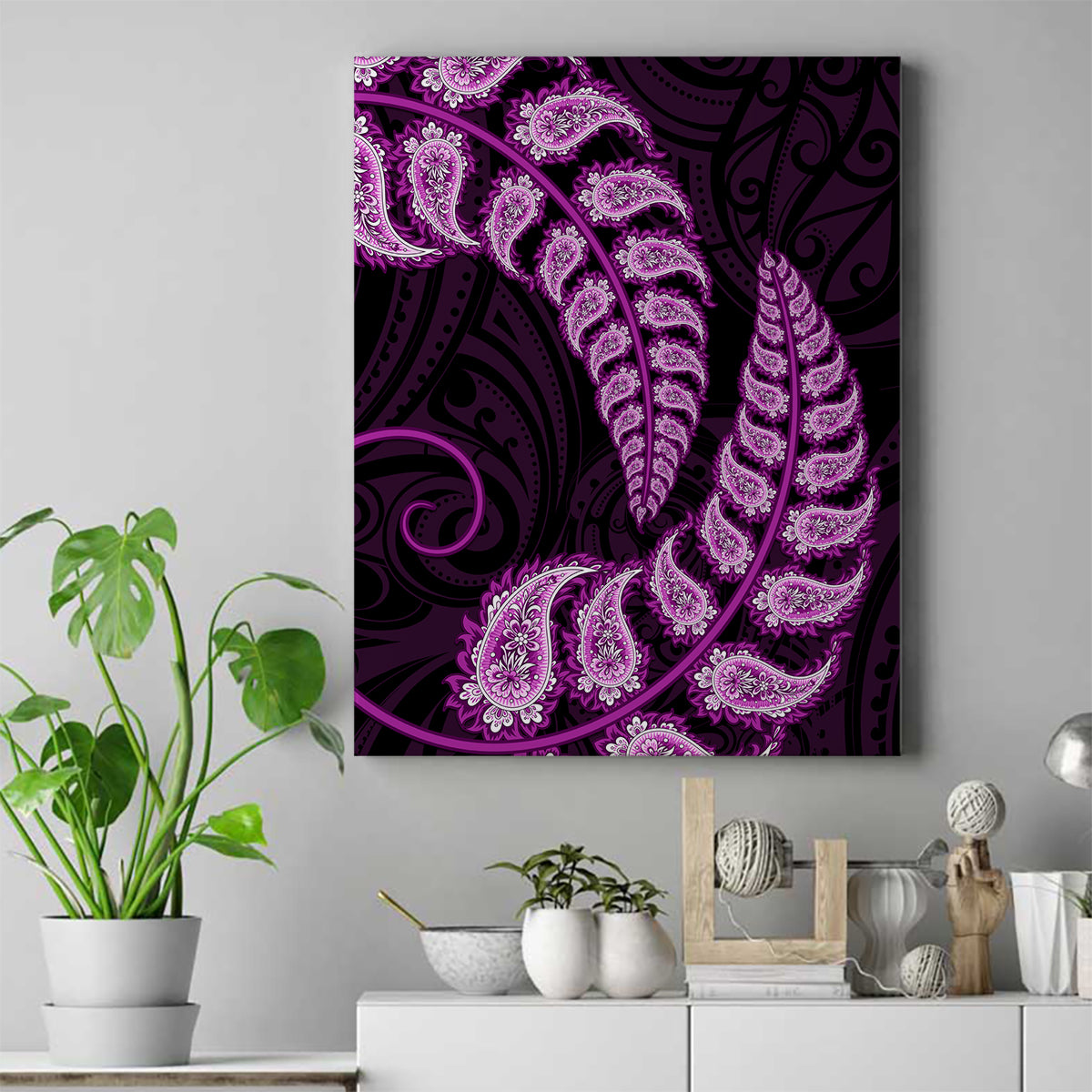 Purple New Zealand Paisley Silver Fern Canvas Wall Art Aotearoa Maori LT14 Purple - Polynesian Pride