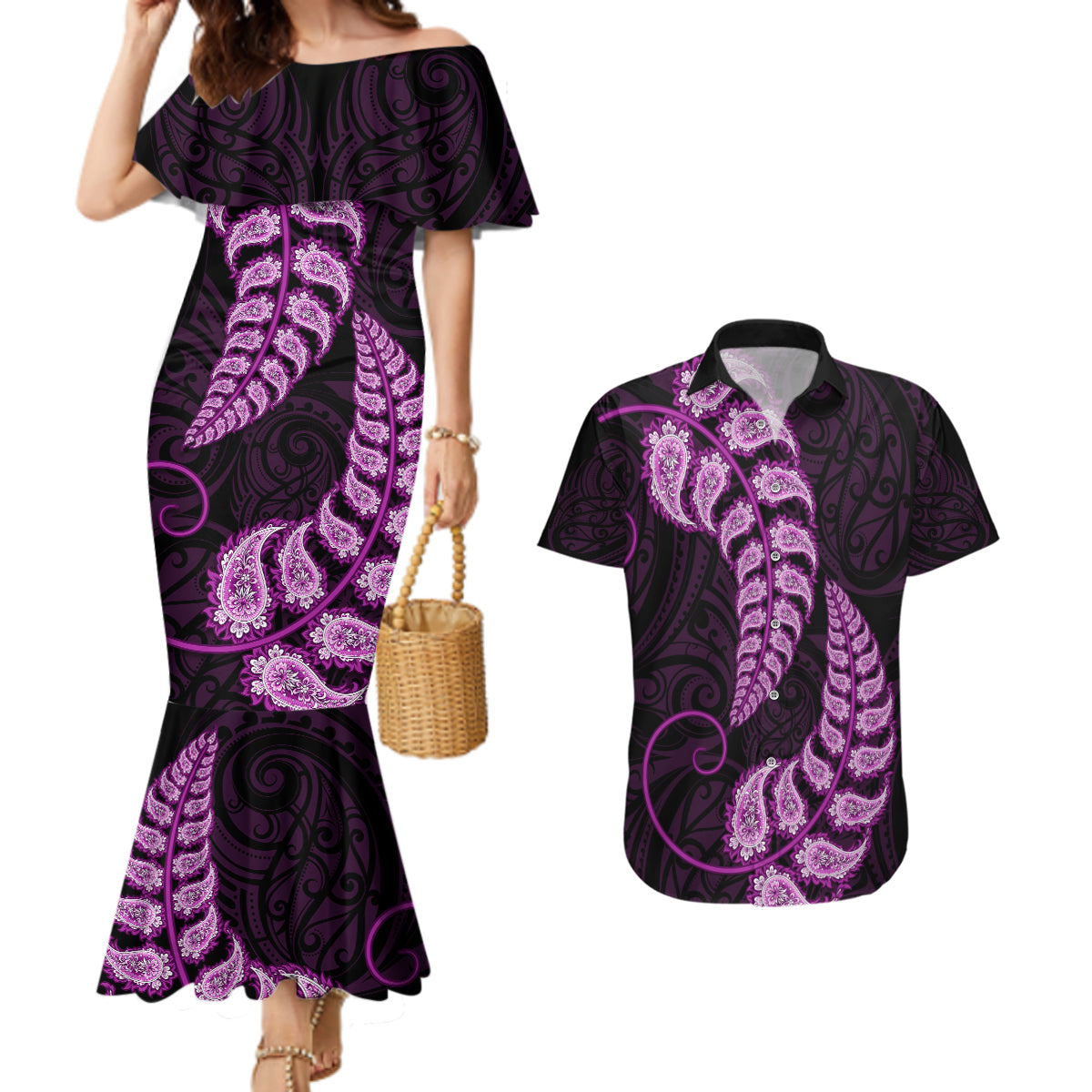 Purple New Zealand Paisley Silver Fern Couples Matching Mermaid Dress and Hawaiian Shirt Aotearoa Maori LT14 Purple - Polynesian Pride