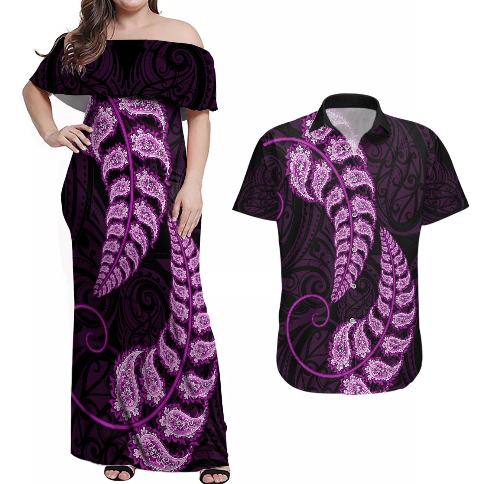 Purple New Zealand Paisley Silver Fern Couples Matching Off Shoulder Maxi Dress and Hawaiian Shirt Aotearoa Maori LT14 Purple - Polynesian Pride