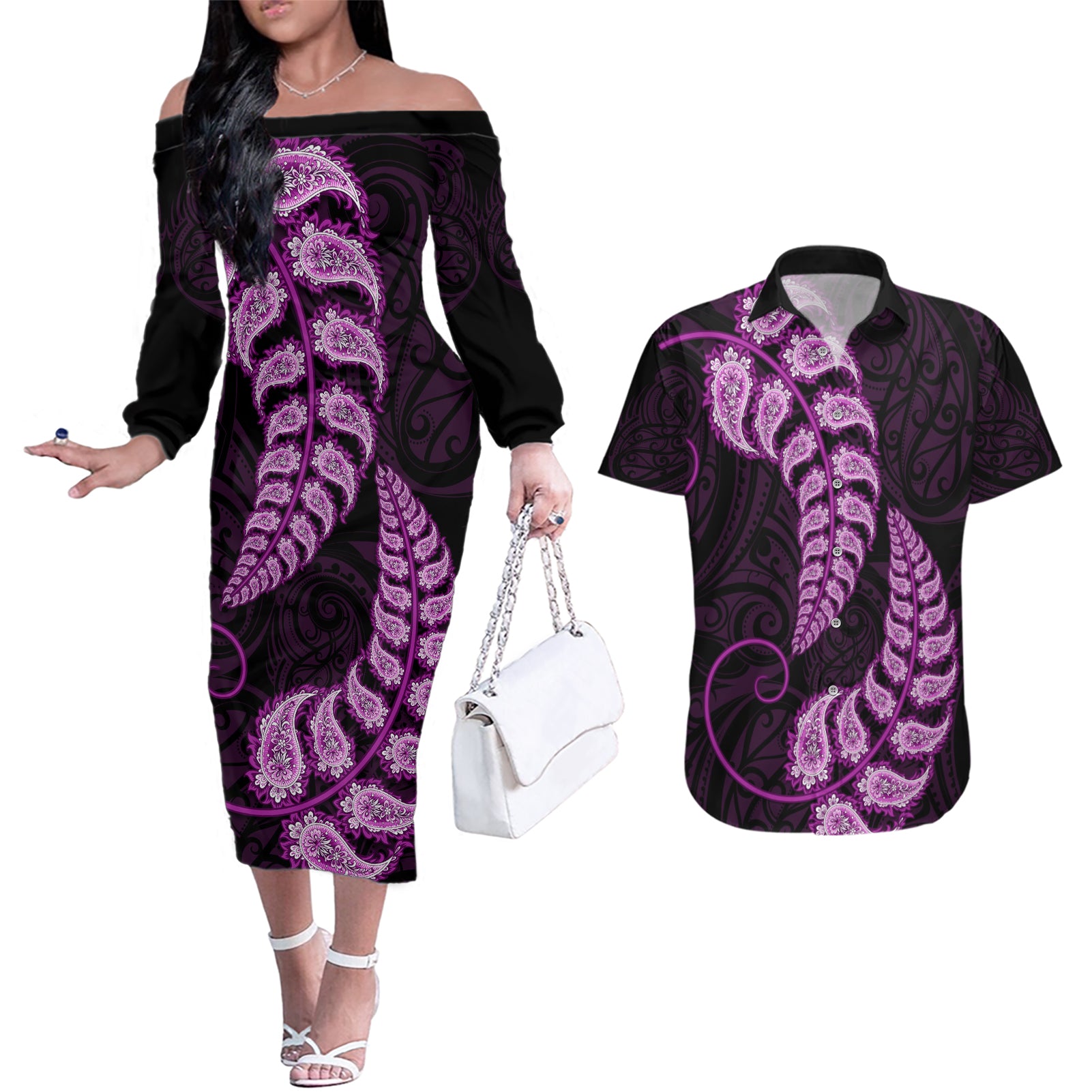 Purple New Zealand Paisley Silver Fern Couples Matching Off The Shoulder Long Sleeve Dress and Hawaiian Shirt Aotearoa Maori LT14 Purple - Polynesian Pride