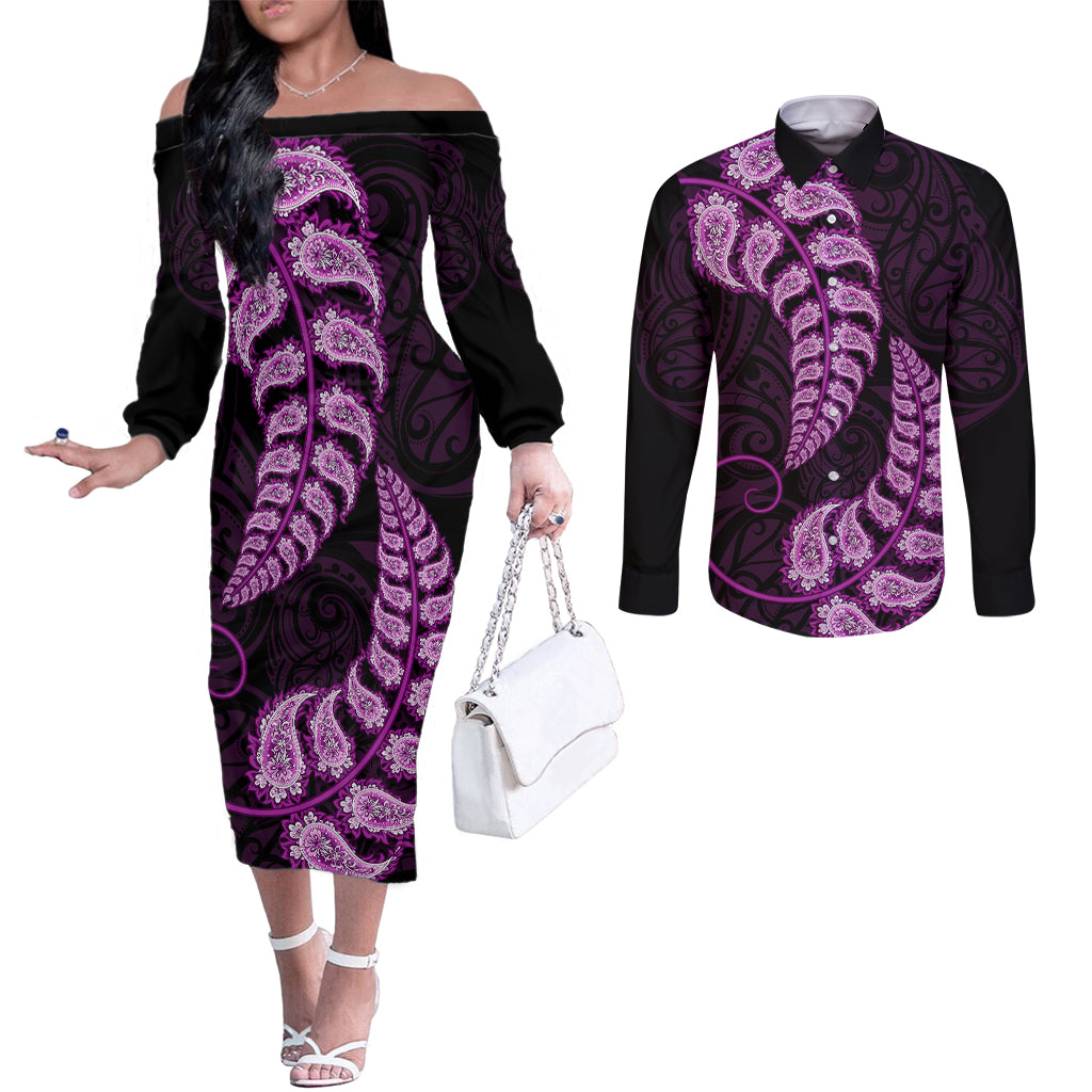 Purple New Zealand Paisley Silver Fern Couples Matching Off The Shoulder Long Sleeve Dress and Long Sleeve Button Shirt Aotearoa Maori LT14 Purple - Polynesian Pride