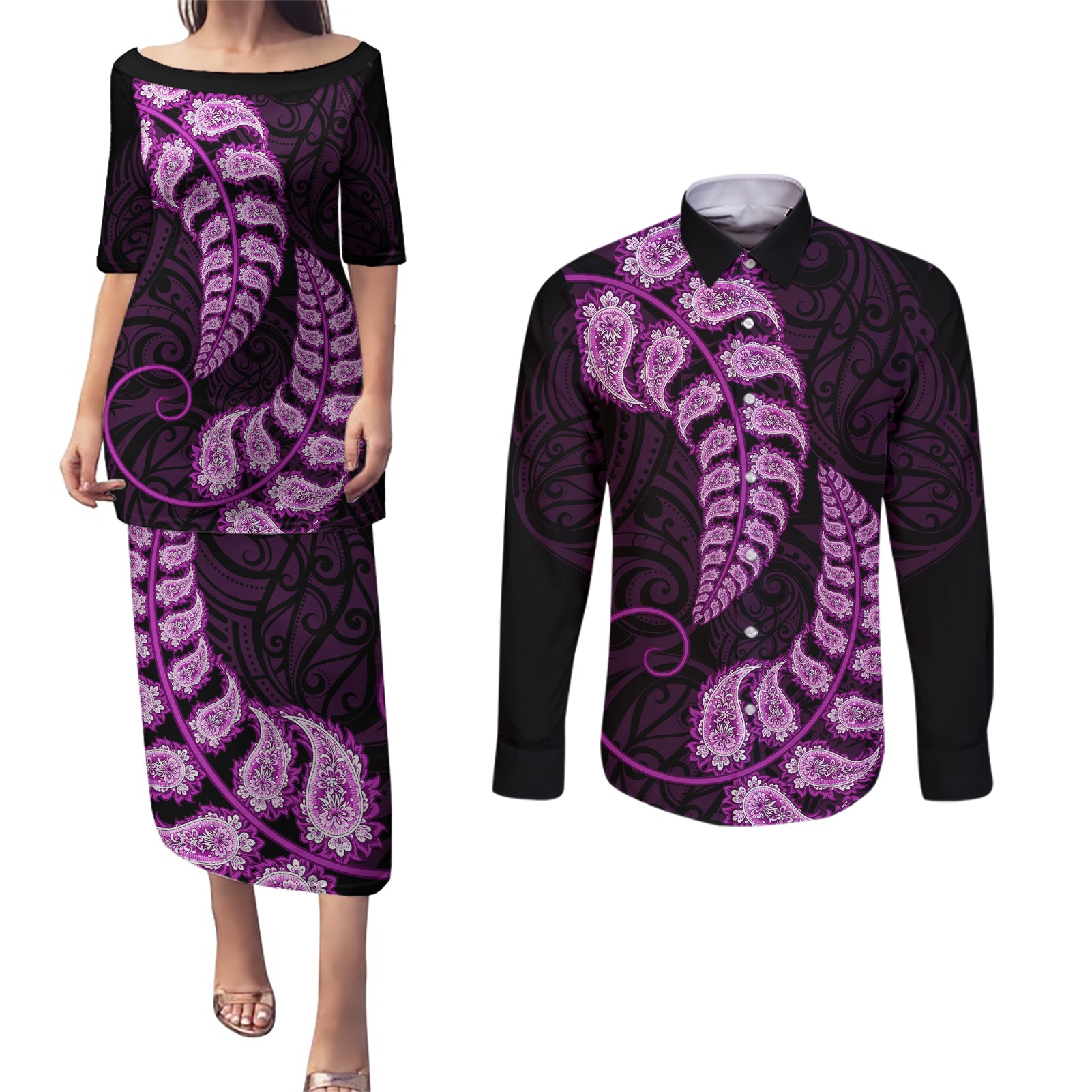 Purple New Zealand Paisley Silver Fern Couples Matching Puletasi Dress and Long Sleeve Button Shirt Aotearoa Maori LT14 Purple - Polynesian Pride