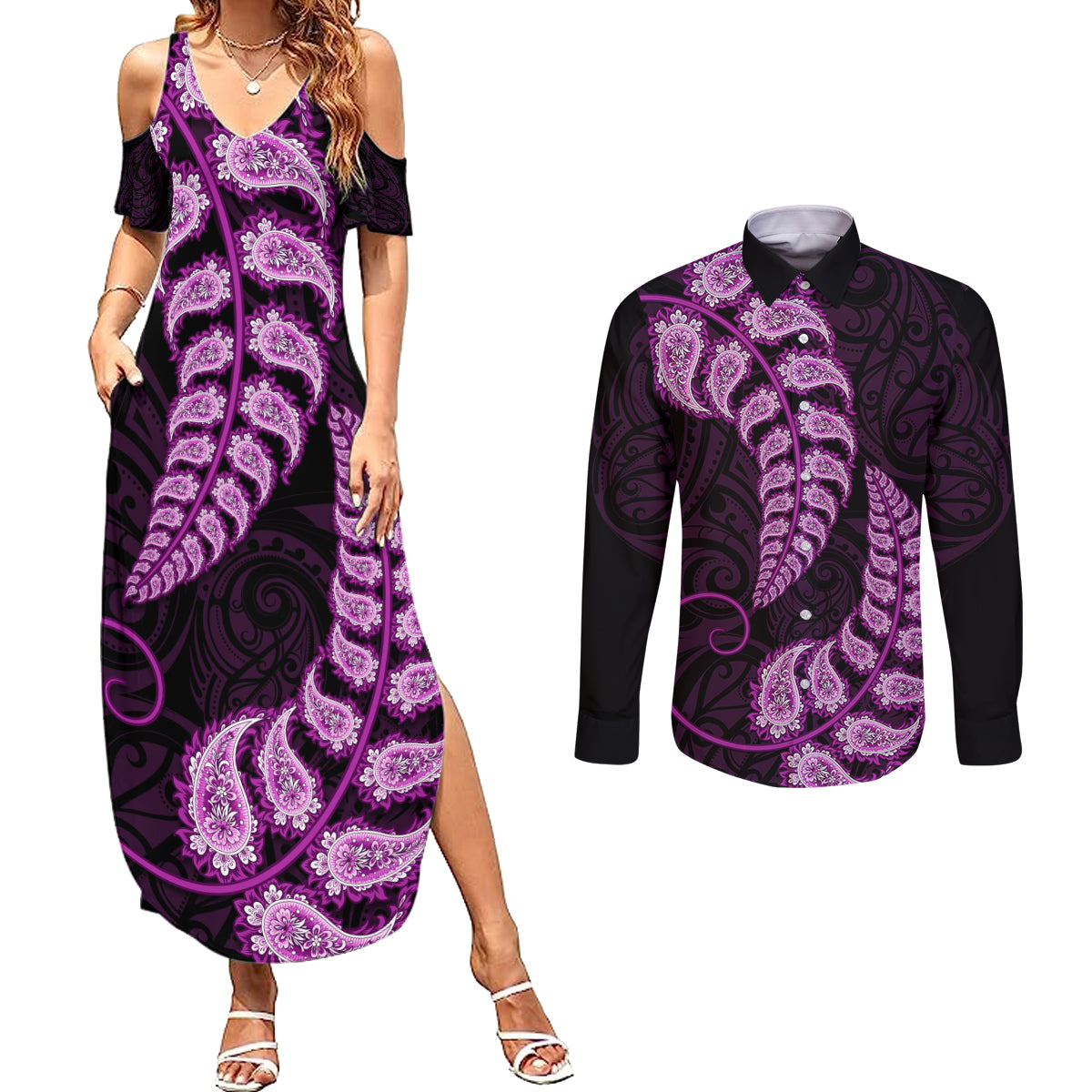 Purple New Zealand Paisley Silver Fern Couples Matching Summer Maxi Dress and Long Sleeve Button Shirt Aotearoa Maori LT14 Purple - Polynesian Pride