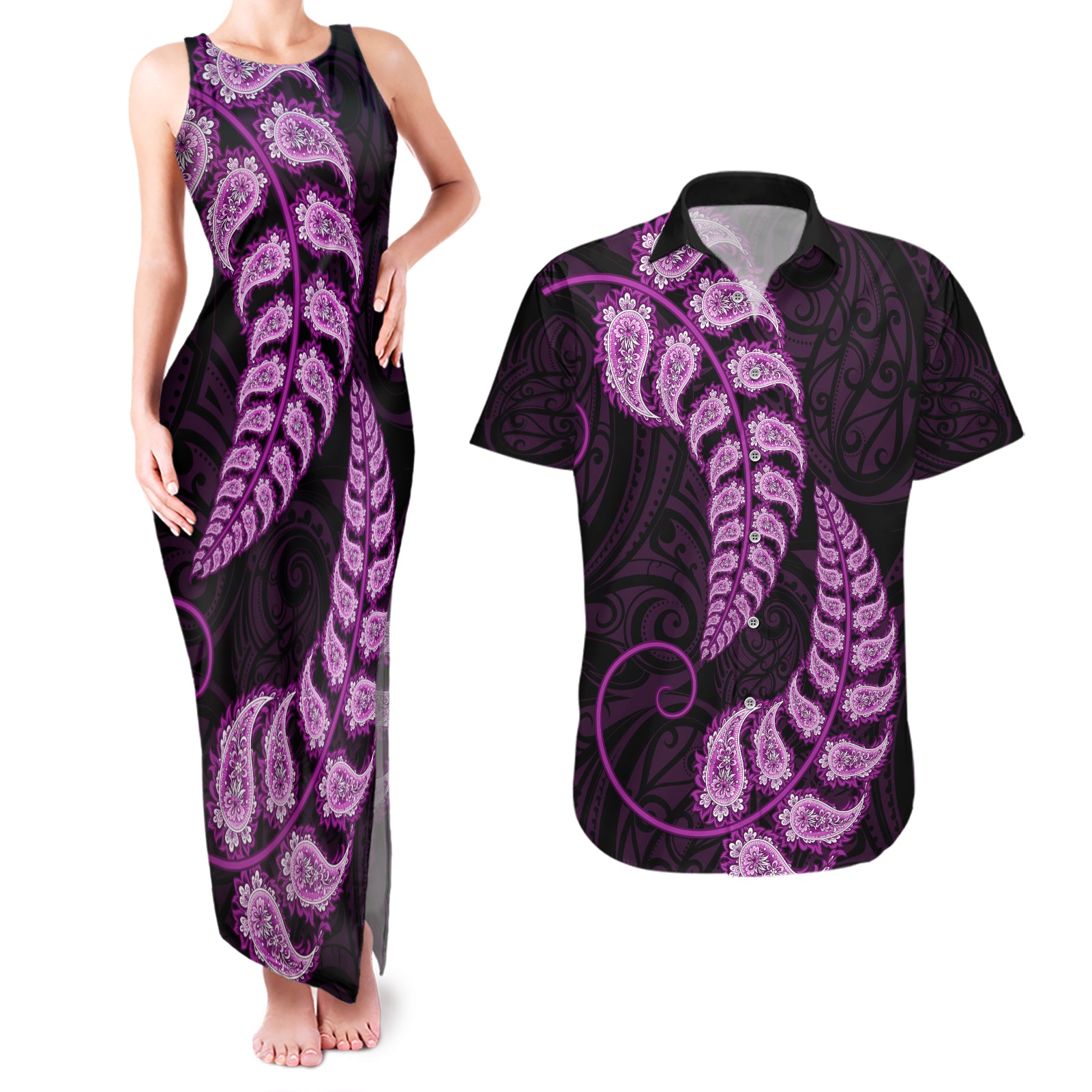 Purple New Zealand Paisley Silver Fern Couples Matching Tank Maxi Dress and Hawaiian Shirt Aotearoa Maori LT14 Purple - Polynesian Pride