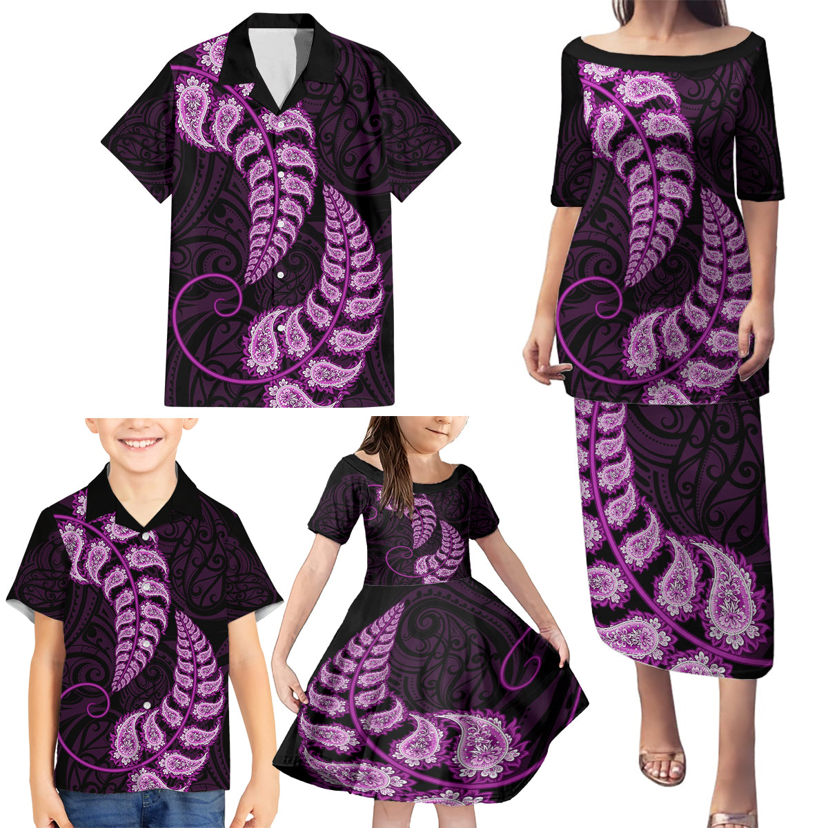 Purple New Zealand Paisley Silver Fern Family Matching Puletasi Dress and Hawaiian Shirt Aotearoa Maori LT14 - Polynesian Pride