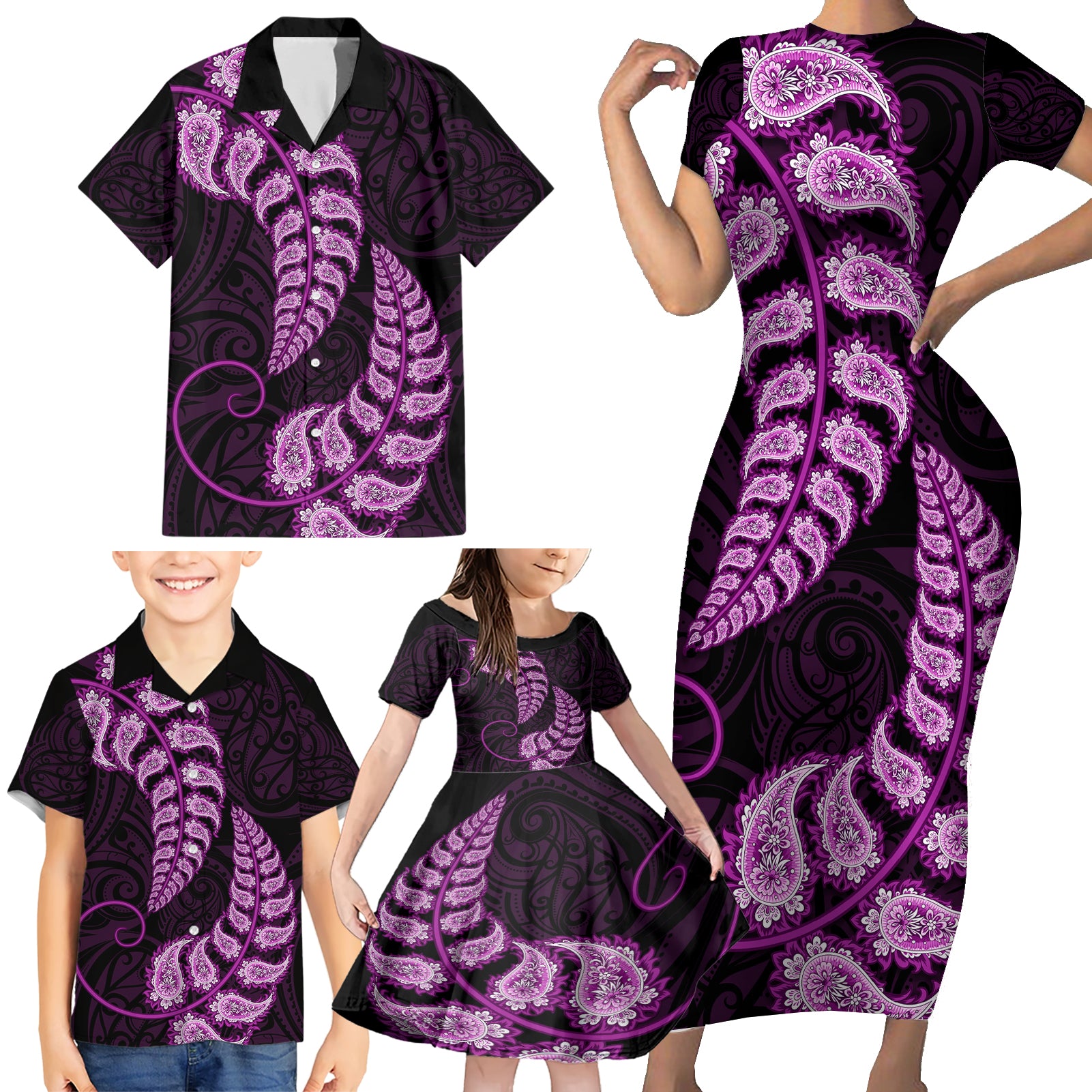 Purple New Zealand Paisley Silver Fern Family Matching Short Sleeve Bodycon Dress and Hawaiian Shirt Aotearoa Maori LT14 - Polynesian Pride