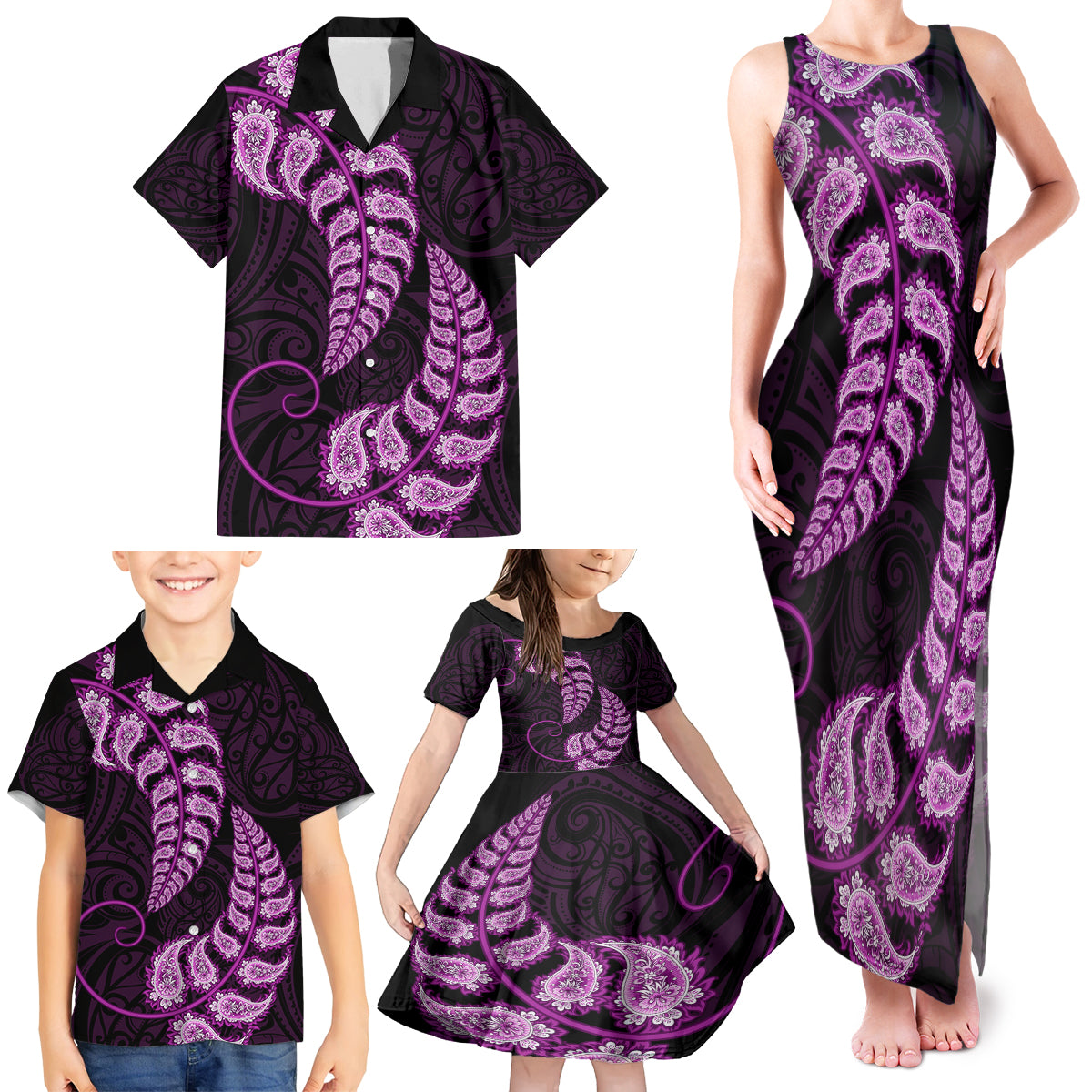 Purple New Zealand Paisley Silver Fern Family Matching Tank Maxi Dress and Hawaiian Shirt Aotearoa Maori LT14 - Polynesian Pride