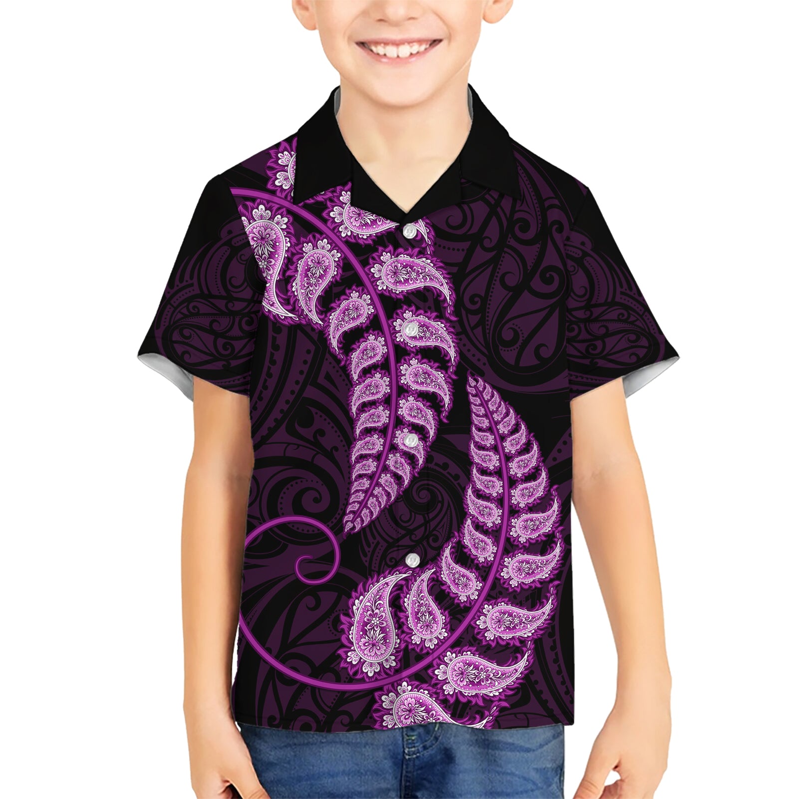 Purple New Zealand Paisley Silver Fern Kid Hawaiian Shirt Aotearoa Maori LT14 Kid Purple - Polynesian Pride