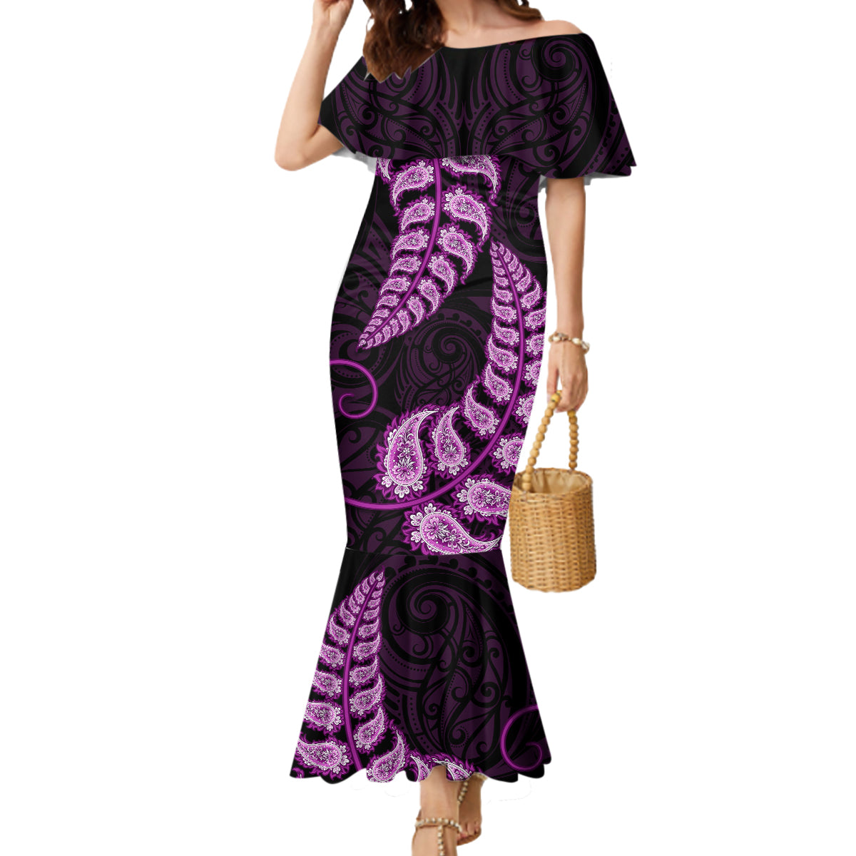 Purple New Zealand Paisley Silver Fern Mermaid Dress Aotearoa Maori LT14 Women Purple - Polynesian Pride