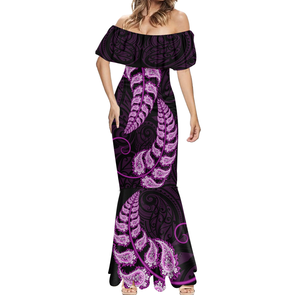 Purple New Zealand Paisley Silver Fern Mermaid Dress Aotearoa Maori LT14 - Polynesian Pride