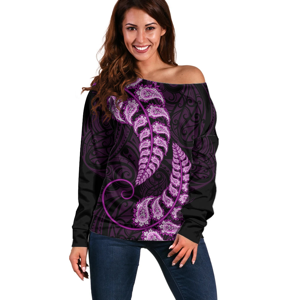 Purple New Zealand Paisley Silver Fern Off Shoulder Sweater Aotearoa Maori LT14 Women Purple - Polynesian Pride