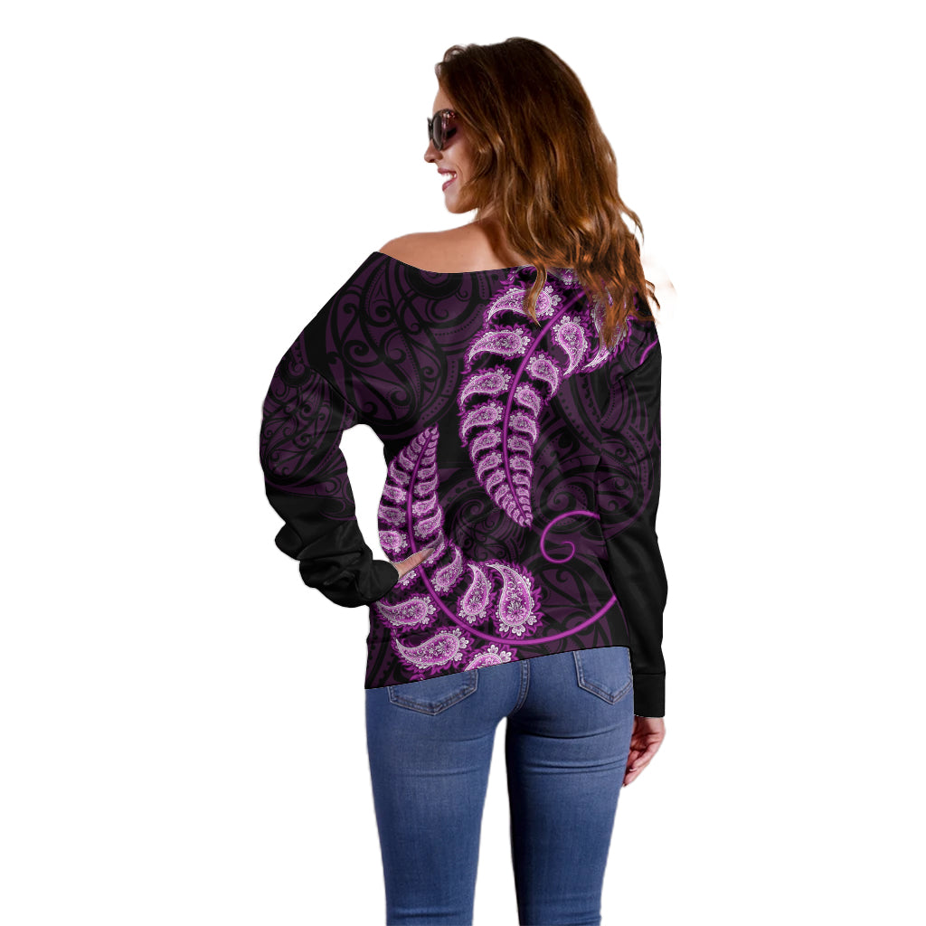 Purple New Zealand Paisley Silver Fern Off Shoulder Sweater Aotearoa Maori LT14 - Polynesian Pride