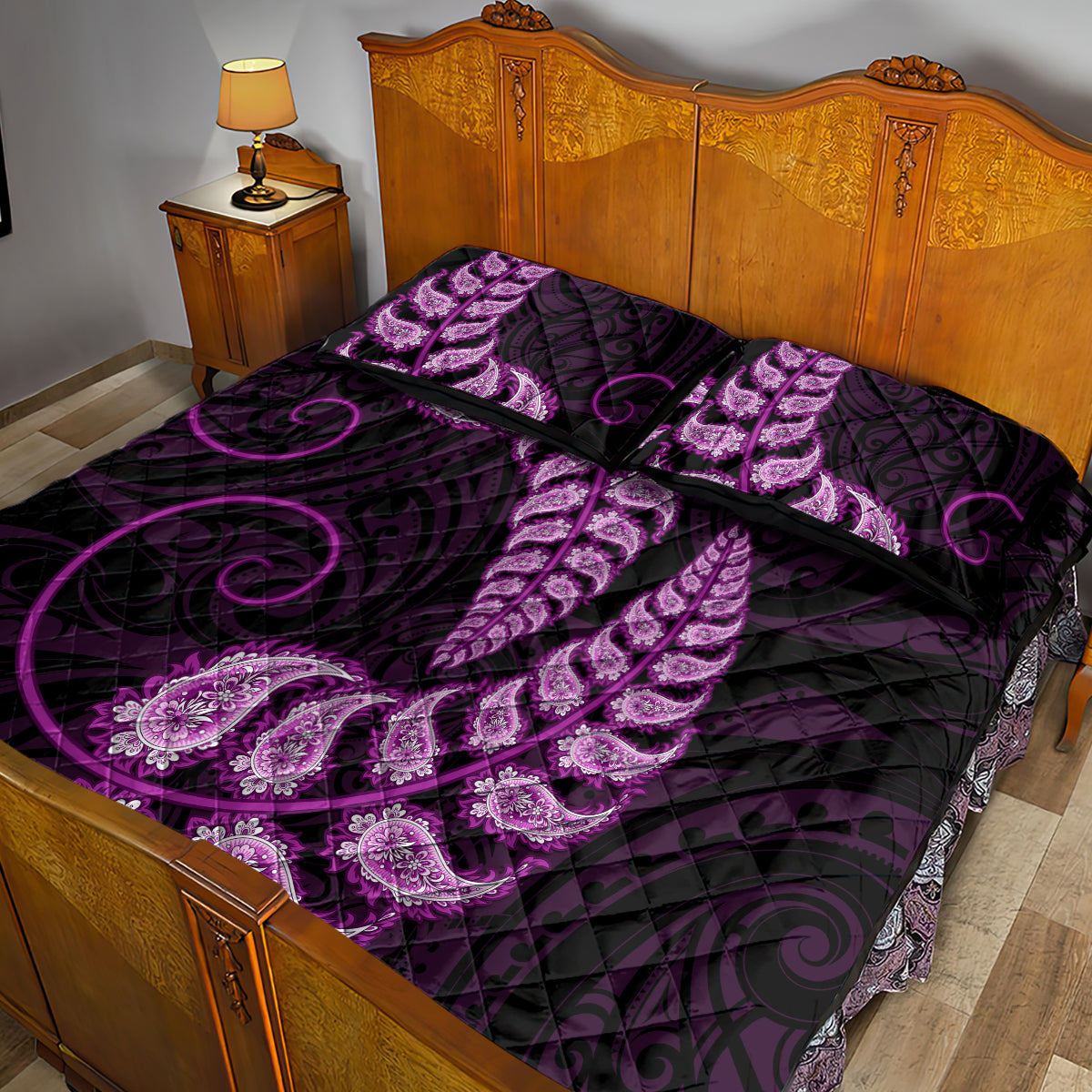 Purple New Zealand Paisley Silver Fern Quilt Bed Set Aotearoa Maori LT14 - Polynesian Pride