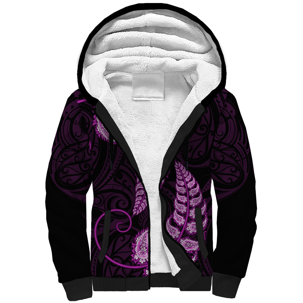 Purple New Zealand Paisley Silver Fern Sherpa Hoodie Aotearoa Maori LT14 Unisex Purple - Polynesian Pride