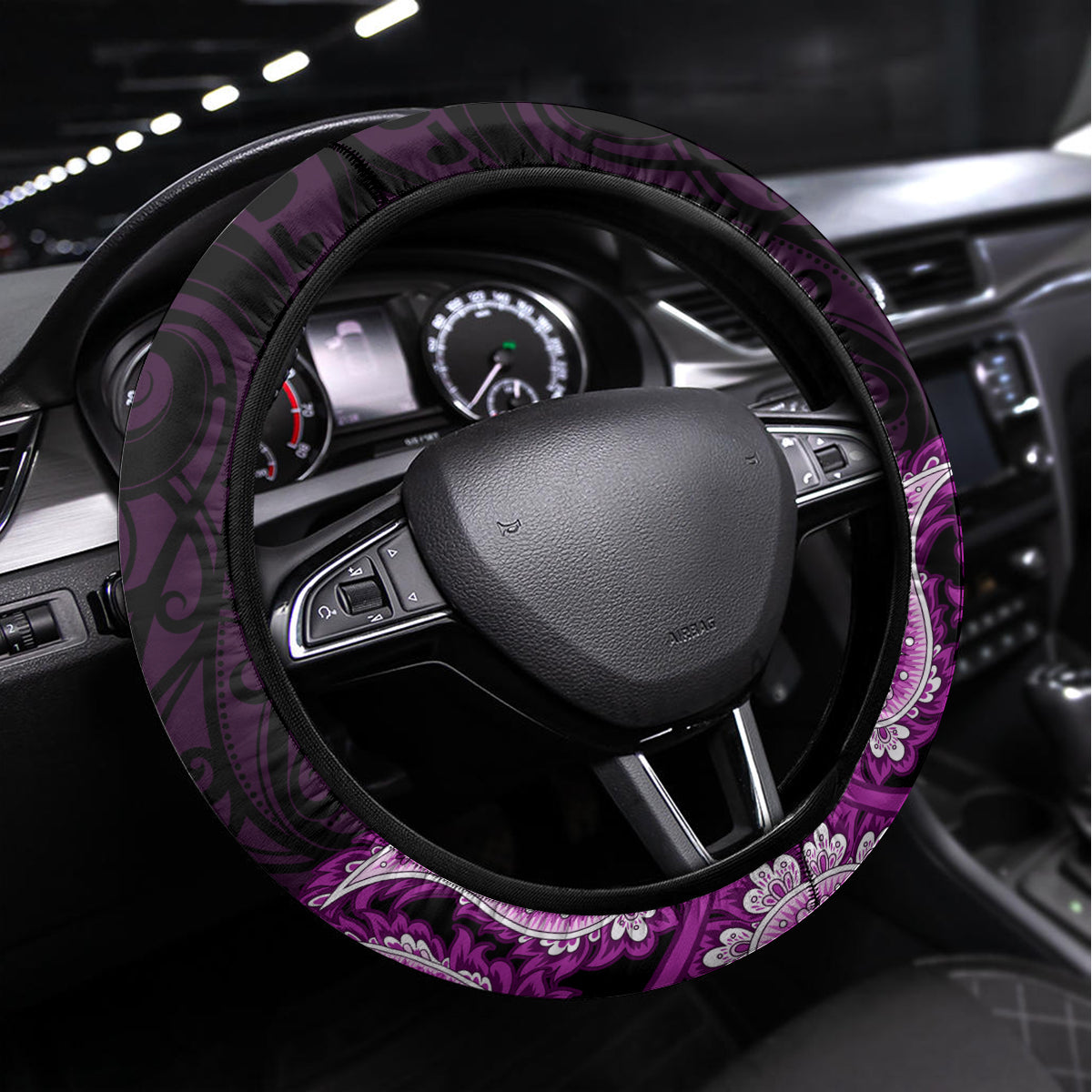 Purple New Zealand Paisley Silver Fern Steering Wheel Cover Aotearoa Maori LT14 Universal Fit Purple - Polynesian Pride